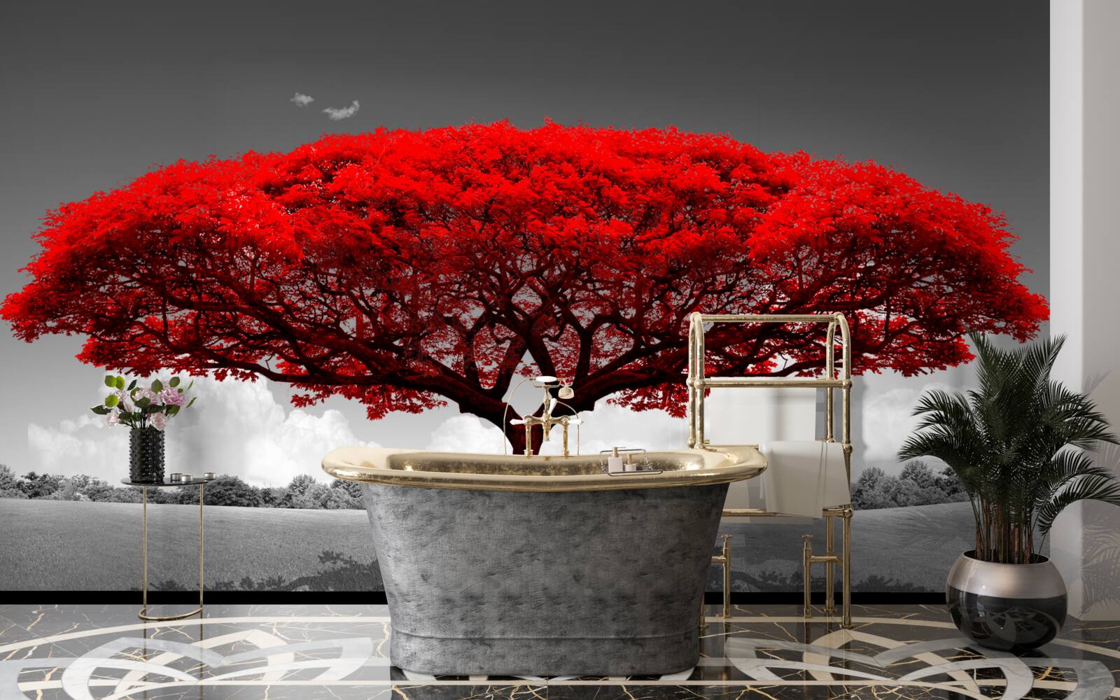 Papier peint La vie est un arbre rouge dans une clairière grise