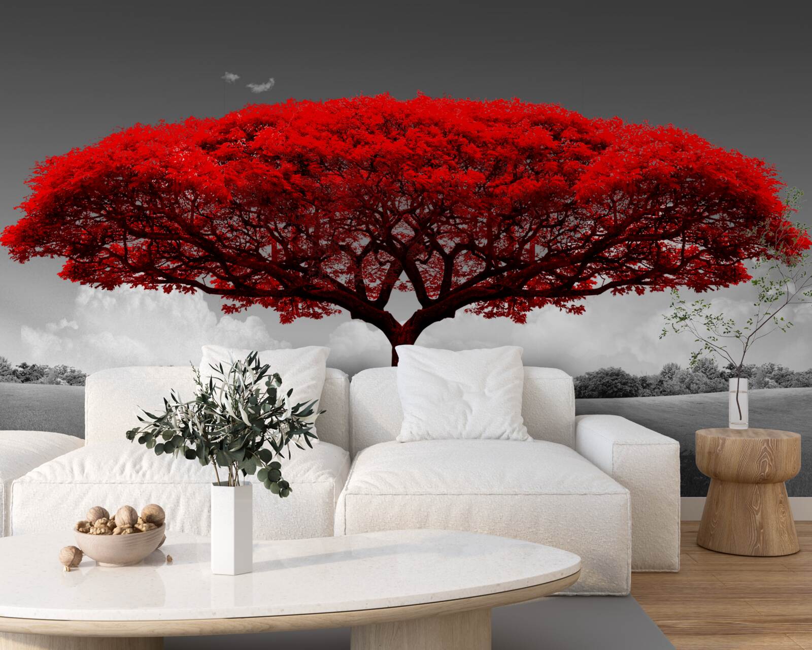 Papier peint La vie est un arbre rouge dans une clairière grise