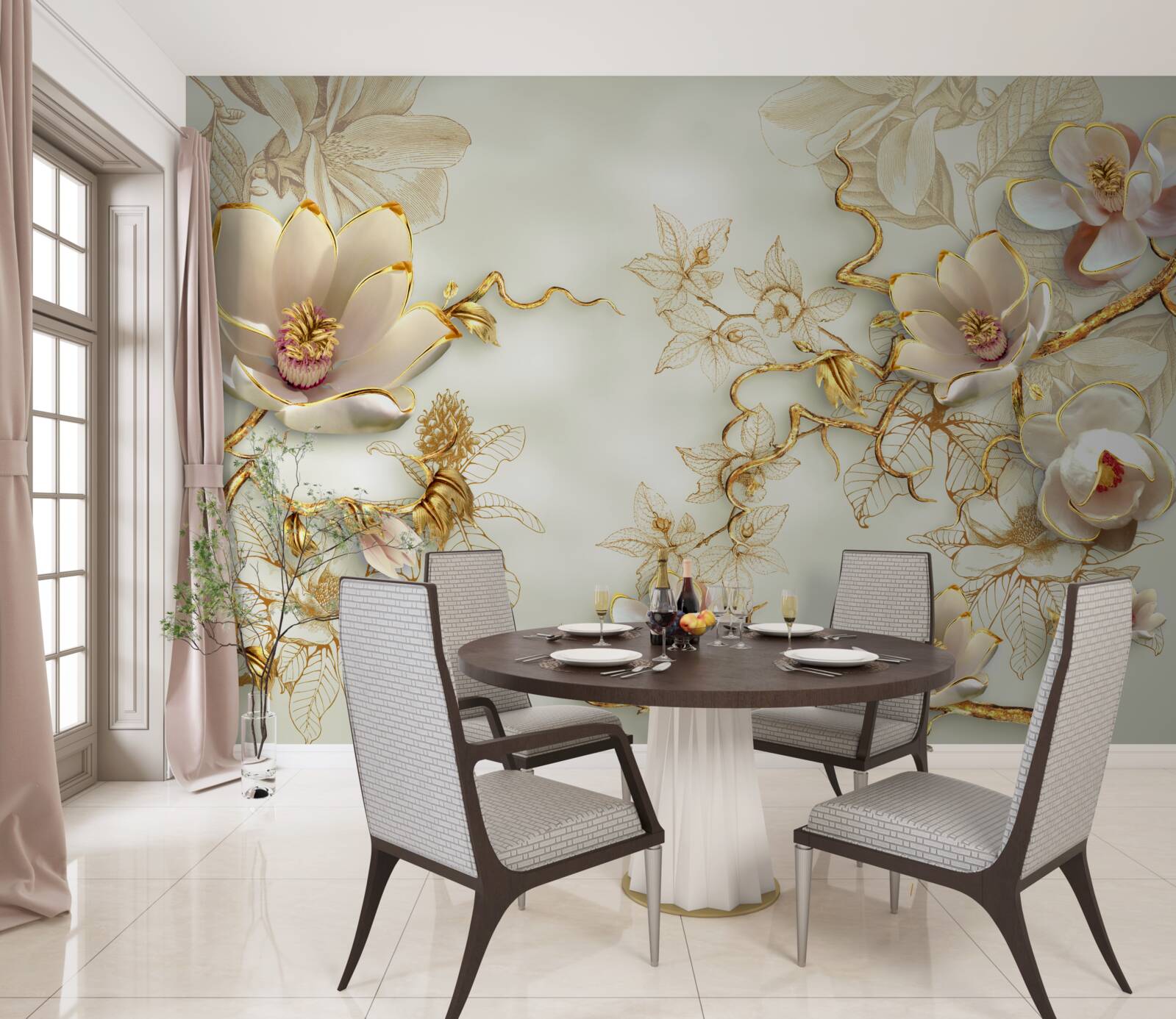 Papier peint des branches parsemées de fleurs dorées et blanches comme la neige