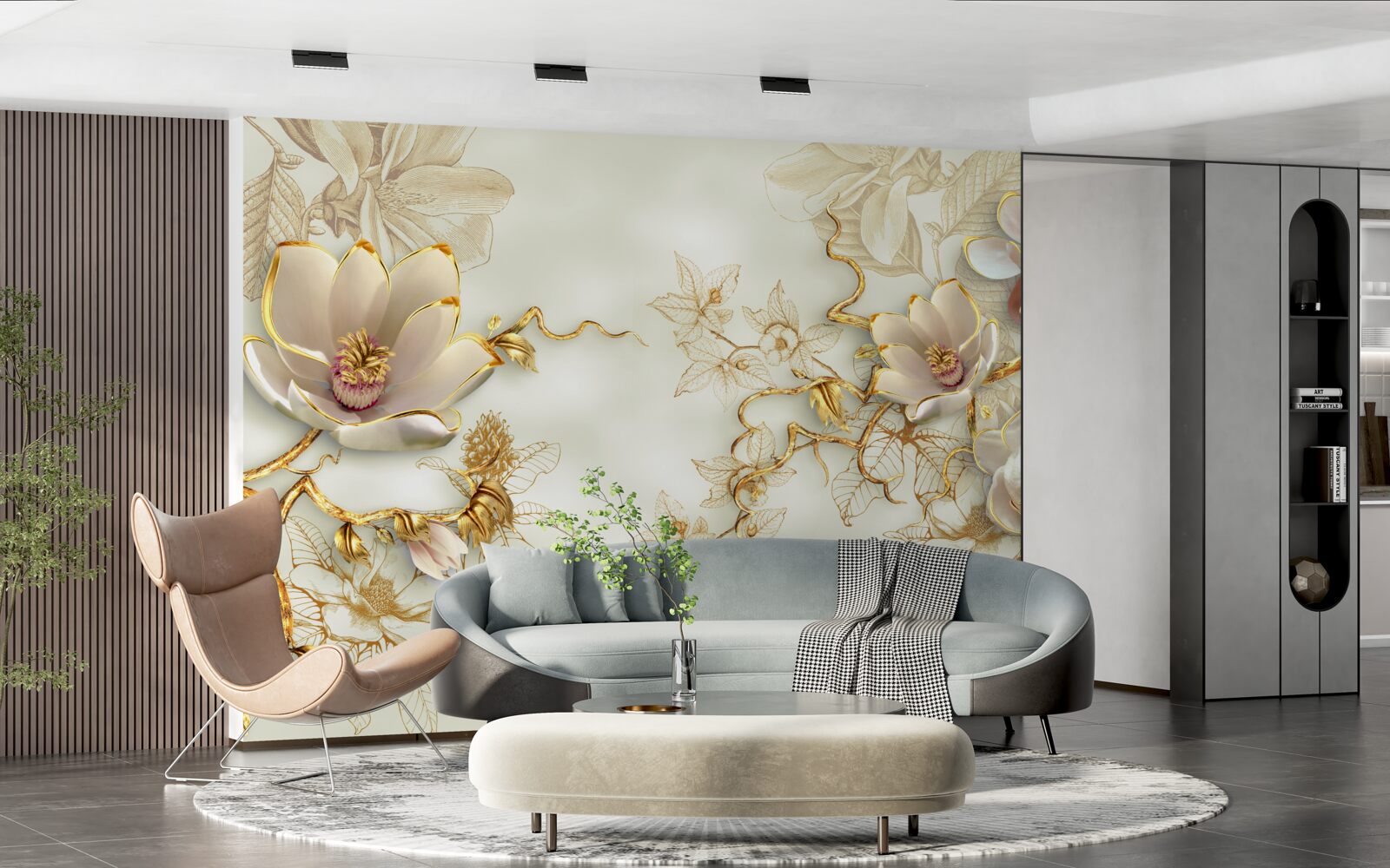 Papier peint des branches parsemées de fleurs dorées et blanches comme la neige