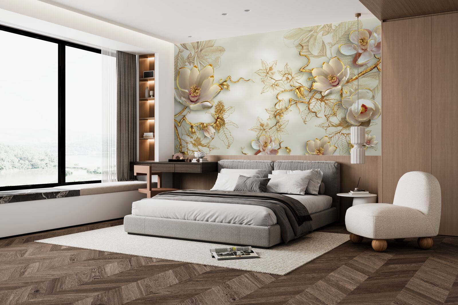 Papier peint des branches parsemées de fleurs dorées et blanches comme la neige