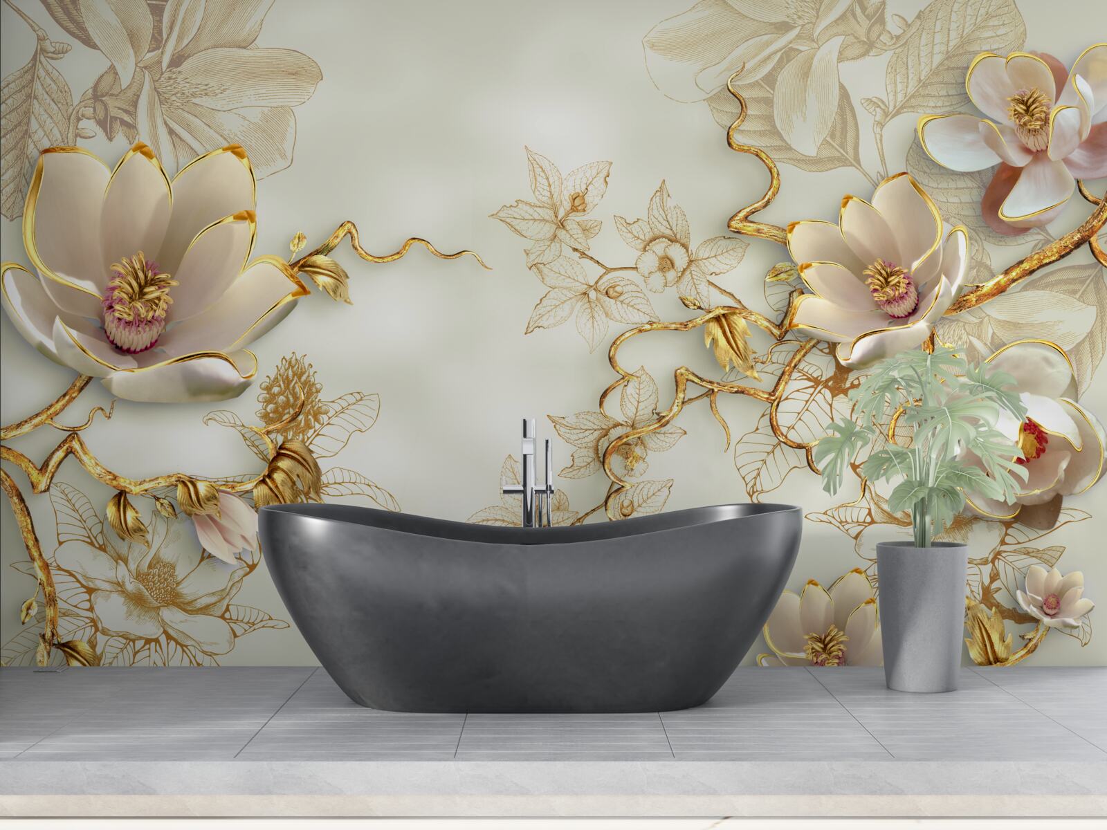 Papier peint des branches parsemées de fleurs dorées et blanches comme la neige