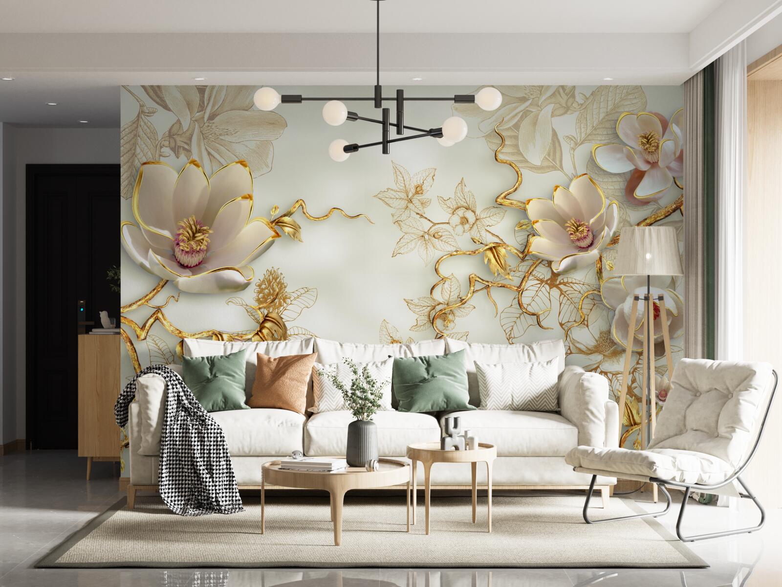 Papier peint des branches parsemées de fleurs dorées et blanches comme la neige