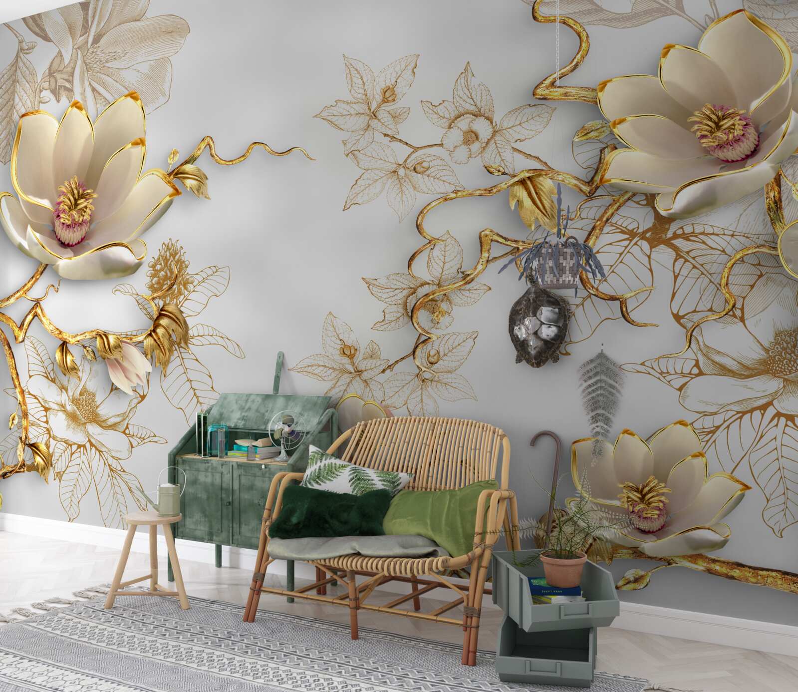 Papier peint magnolia fleurissant dans des tons dorés