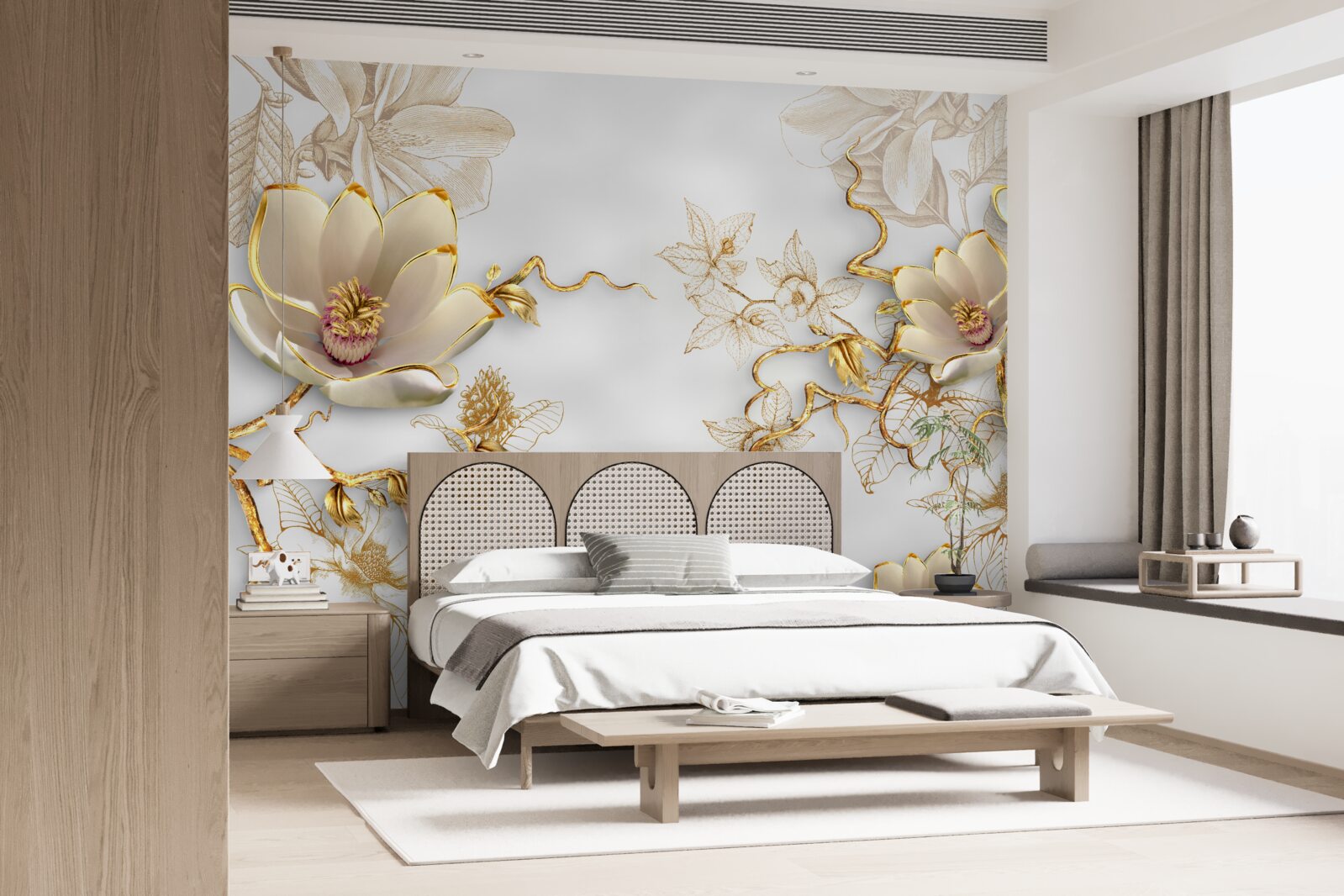 Papier peint magnolia fleurissant dans des tons dorés