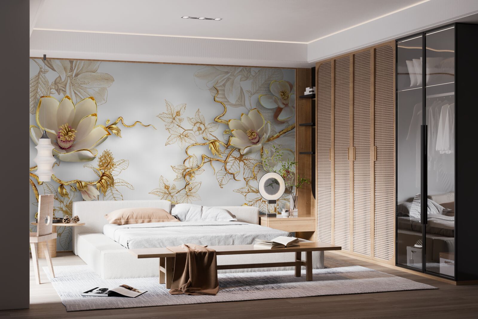 Papier peint magnolia fleurissant dans des tons dorés