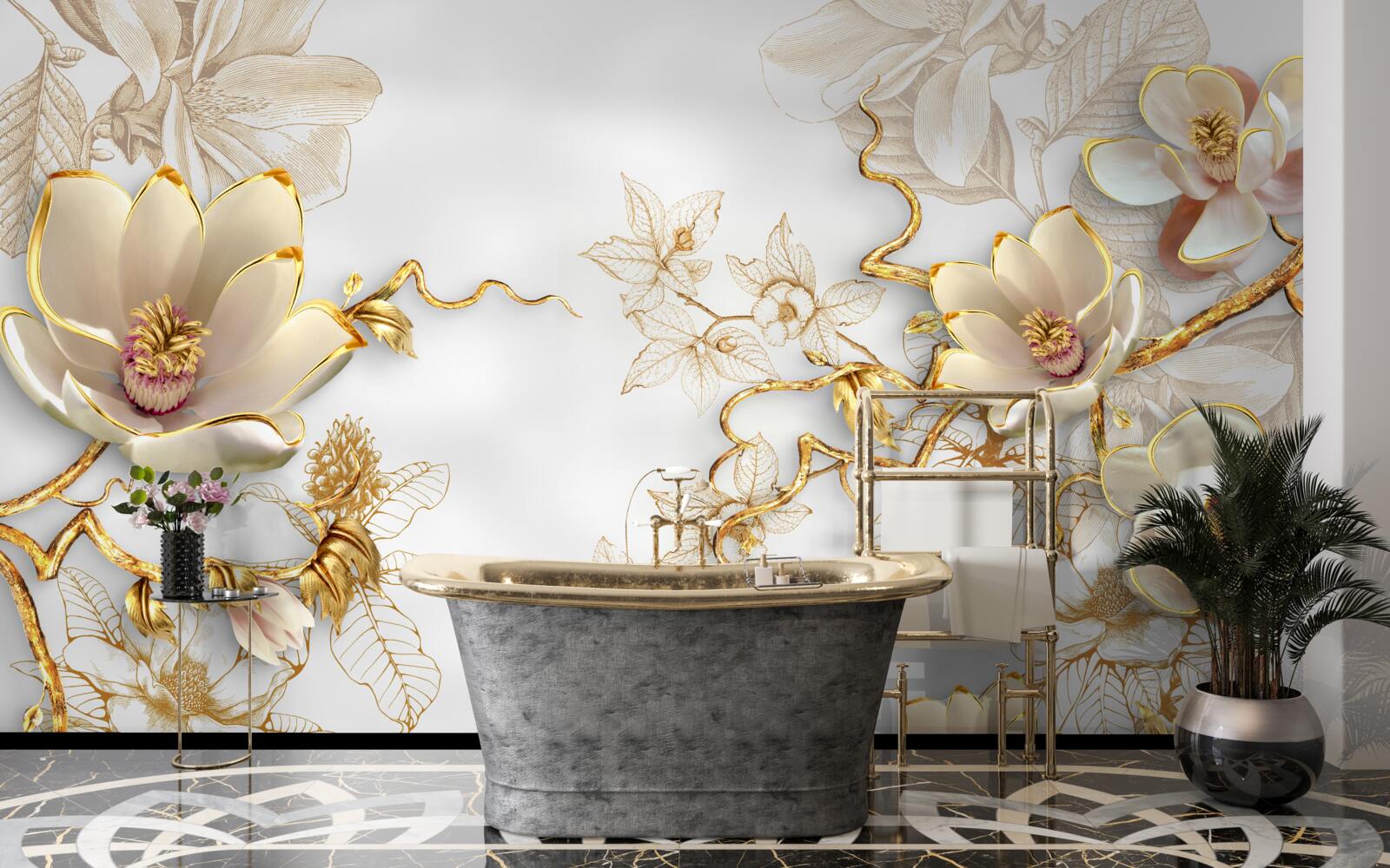 Papier peint magnolia fleurissant dans des tons dorés