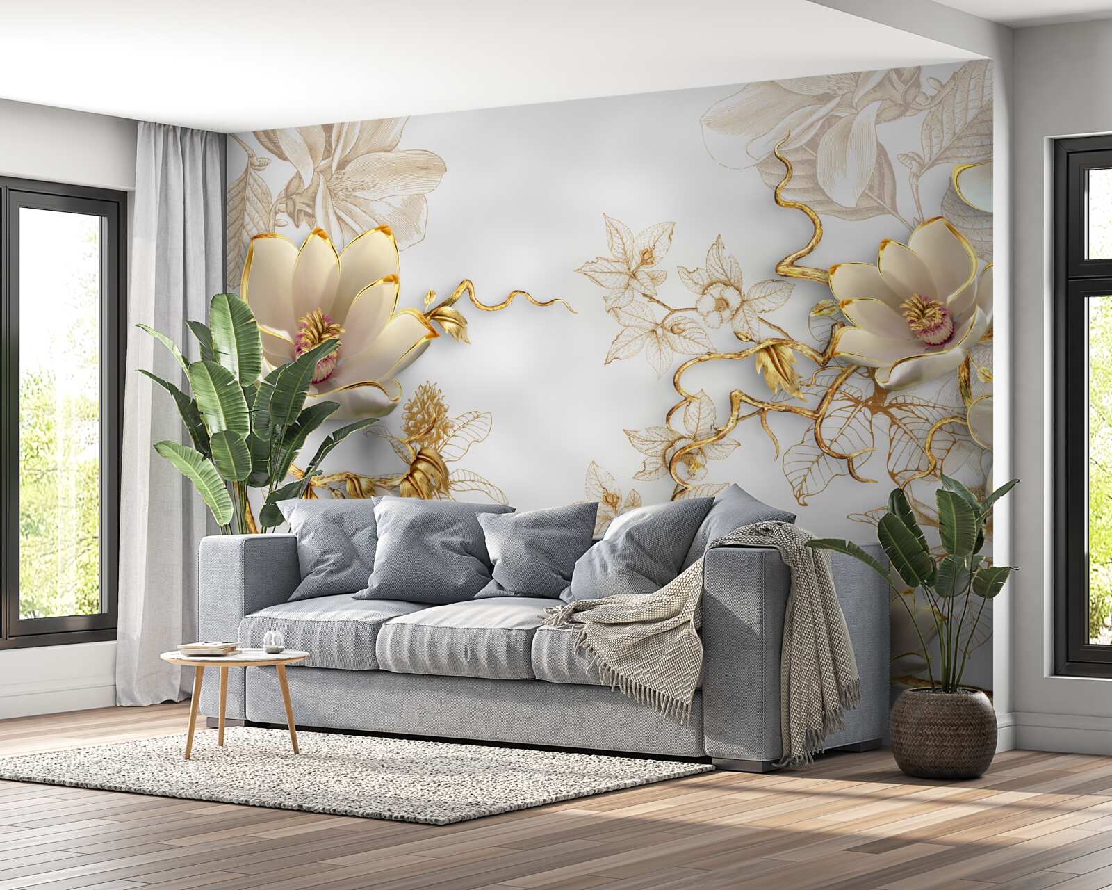 Papier peint magnolia fleurissant dans des tons dorés