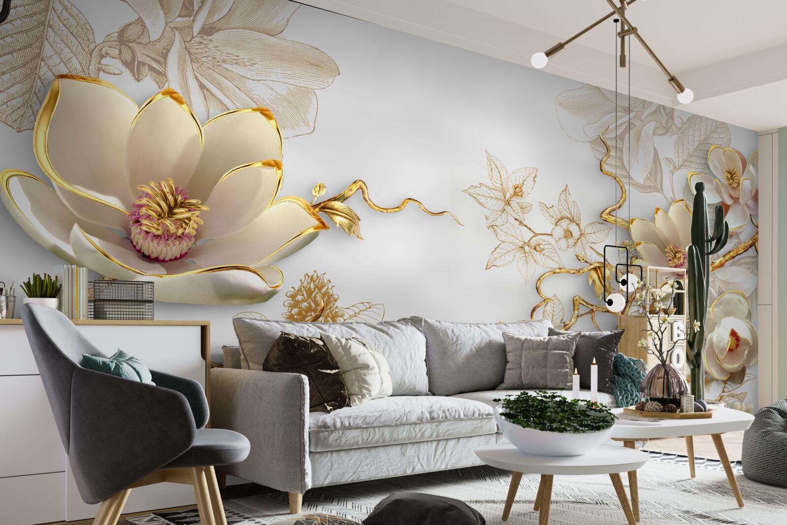 Papier peint magnolia fleurissant dans des tons dorés