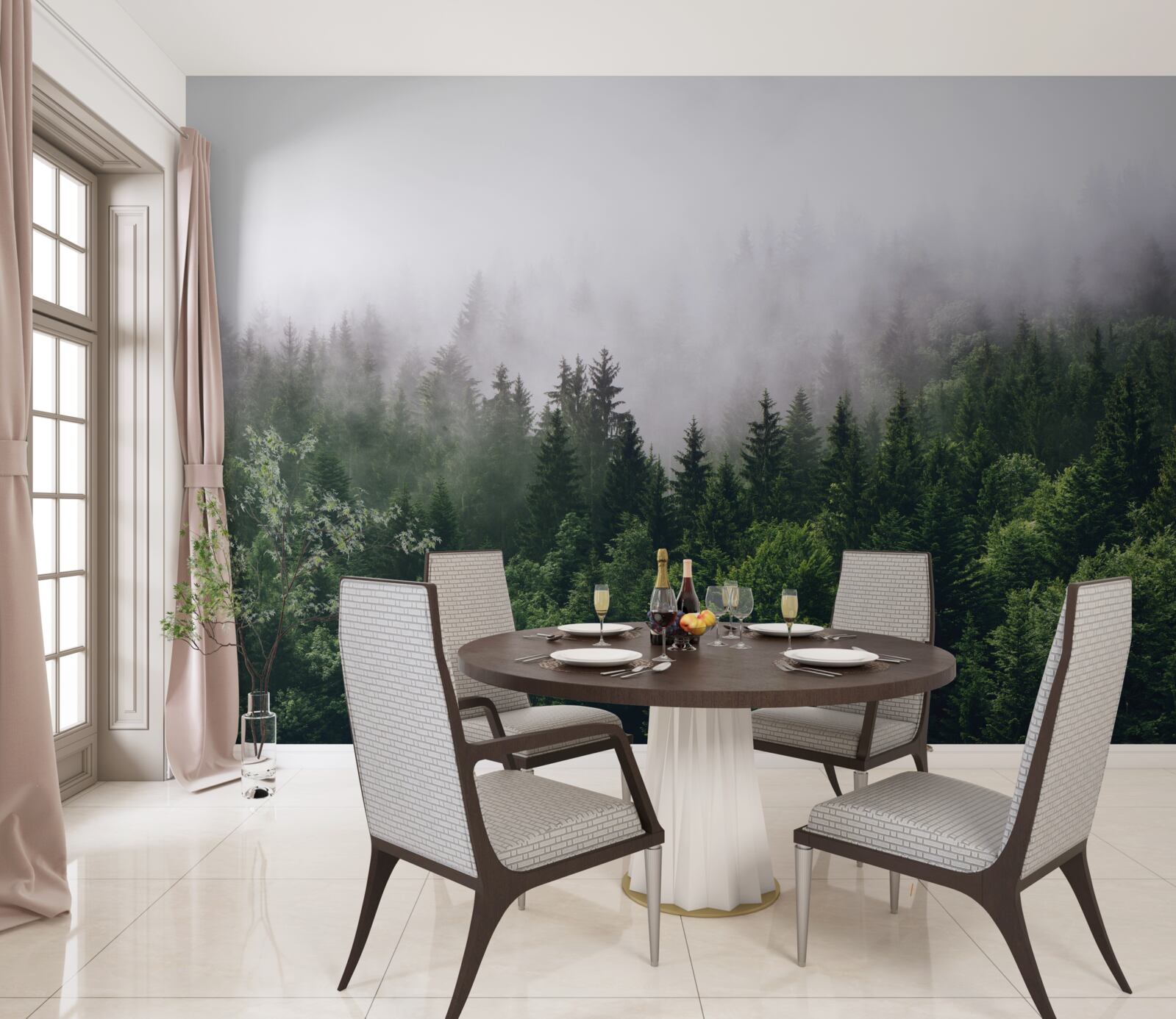 Papier peint la forêt de montagne est enveloppée de brume