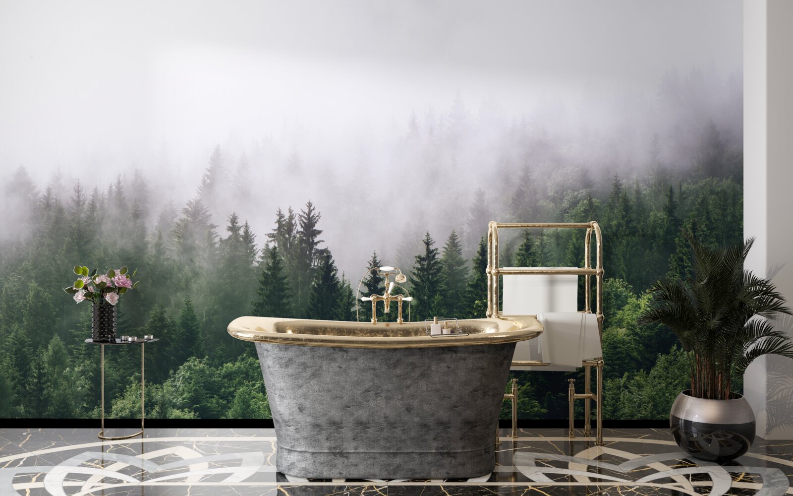 Papier peint la forêt de montagne est enveloppée de brume