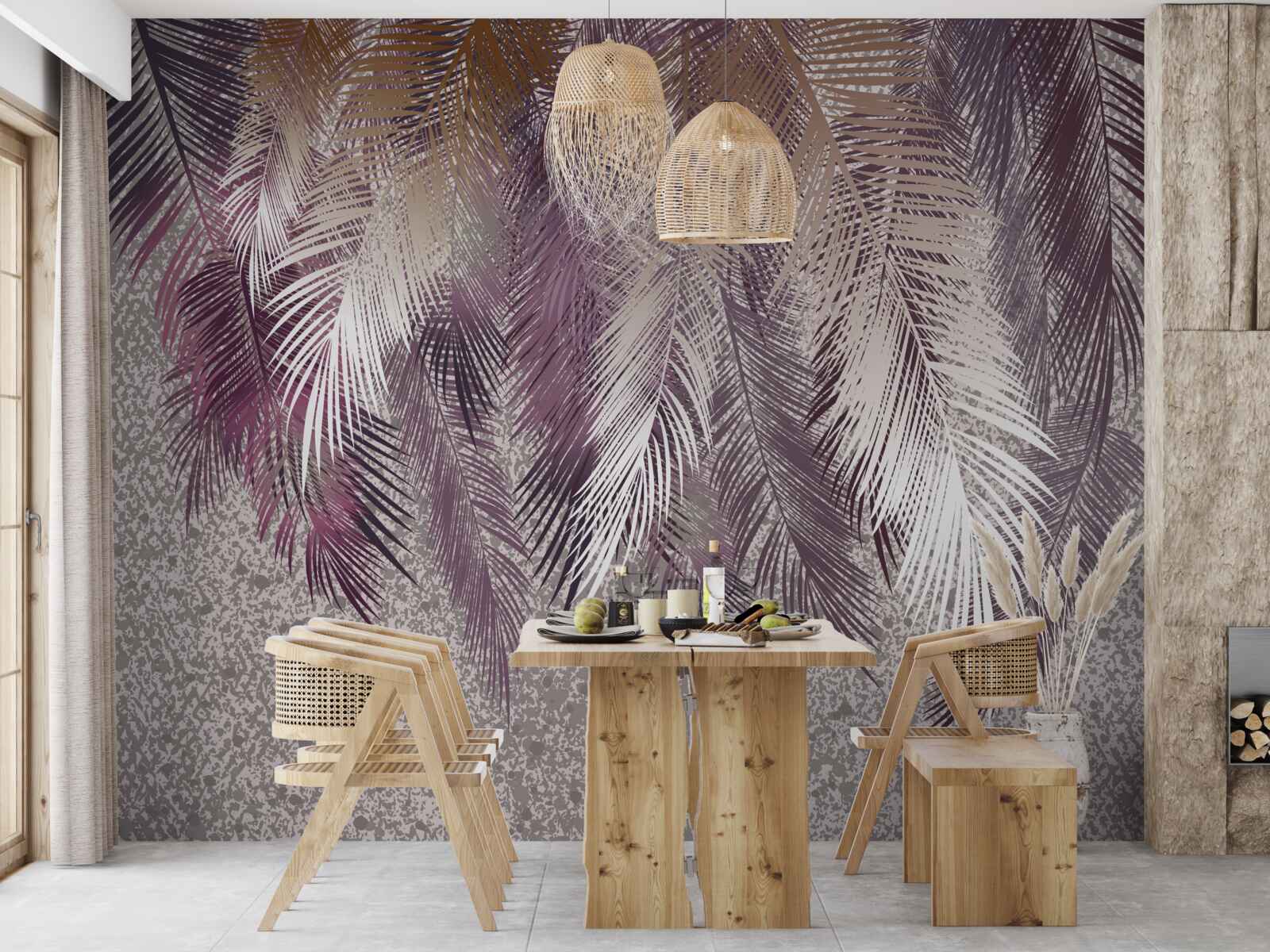 Papier peint Feuilles de couleur bordeaux ressemblant à des plumes