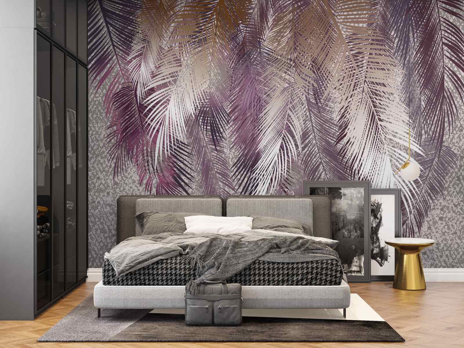 Papier peint Feuilles de couleur bordeaux ressemblant à des plumes