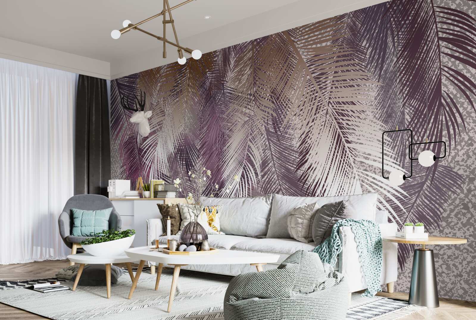 Papier peint Feuilles de couleur bordeaux ressemblant à des plumes