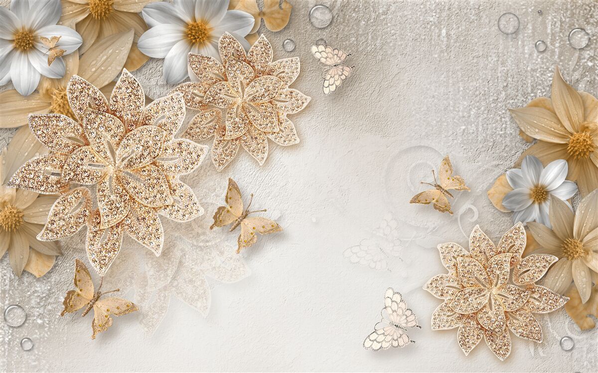 Papier peint lotus et fleurs blanches avec division en or