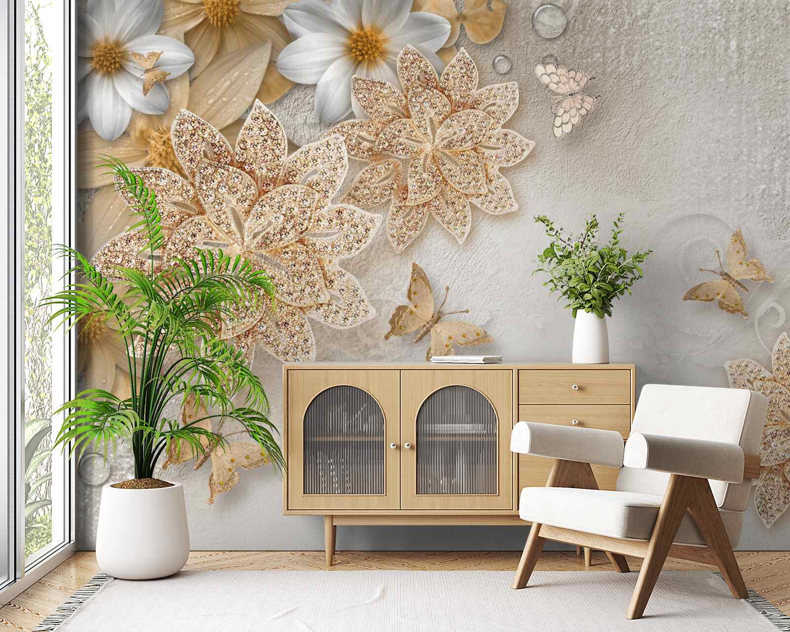 Papier peint lotus et fleurs blanches avec division en or