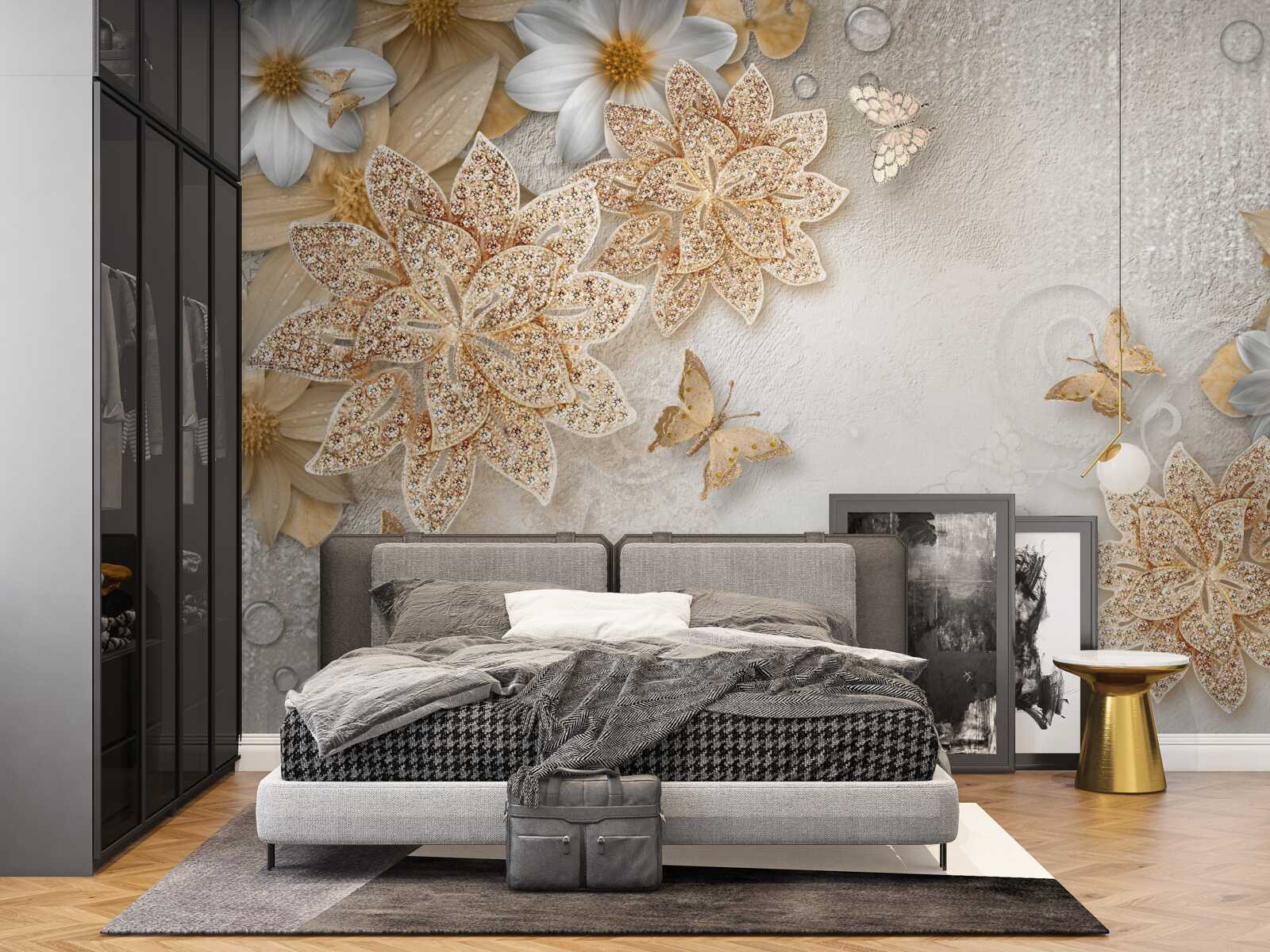 Papier peint lotus et fleurs blanches avec division en or