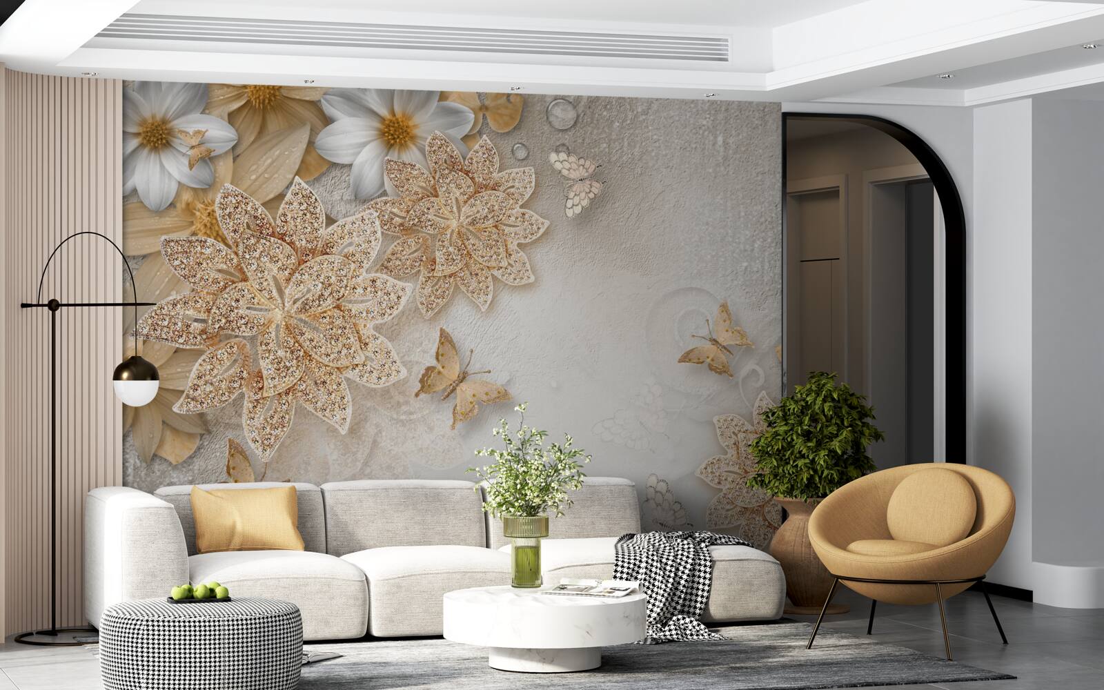 Papier peint lotus et fleurs blanches avec division en or