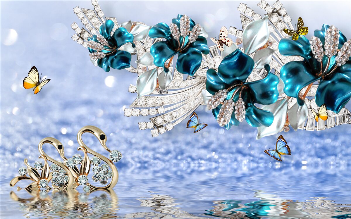 Papier peint magnolias avec fleurs bleues cristallines et papillons