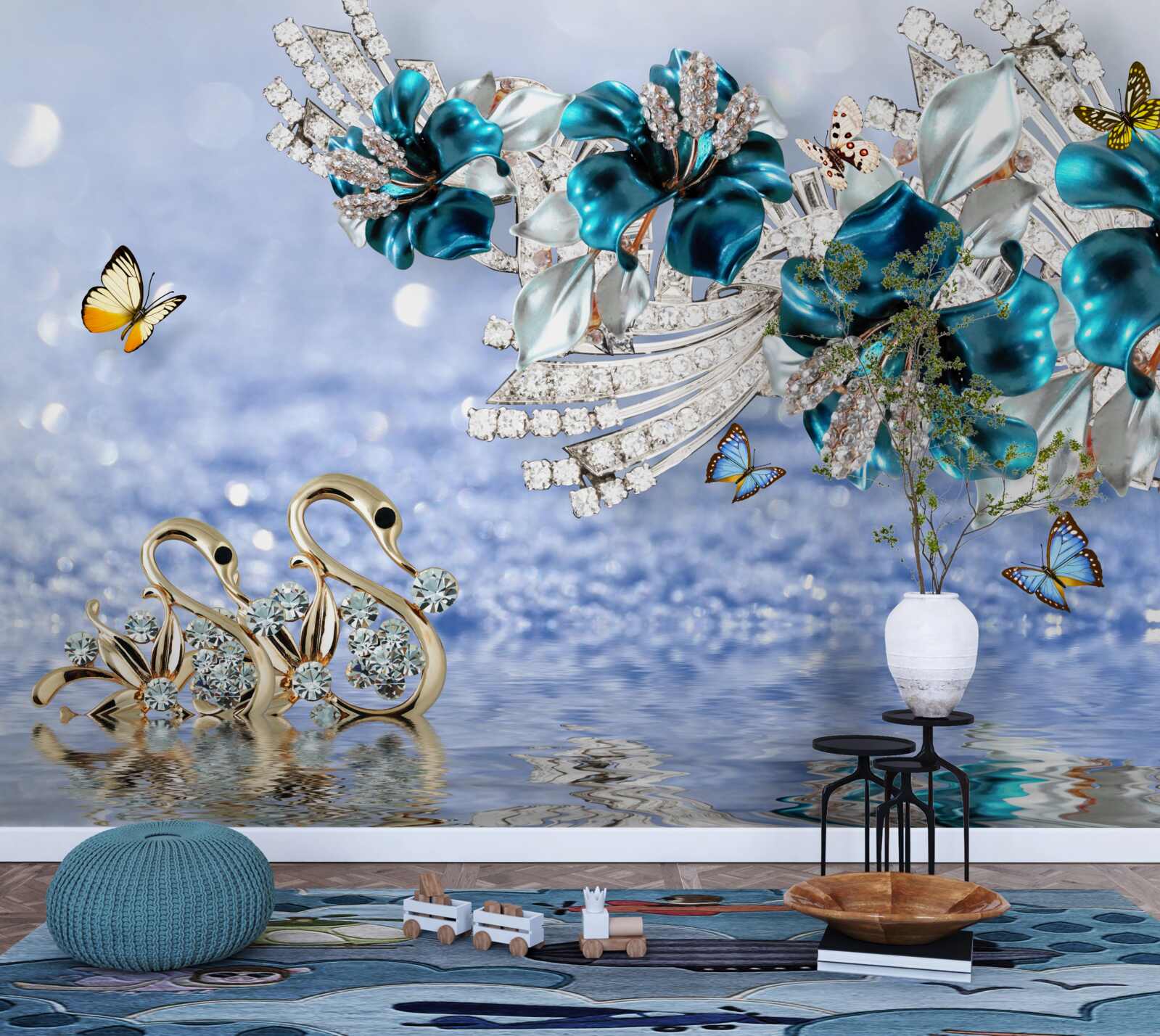 Papier peint magnolias avec fleurs bleues cristallines et papillons