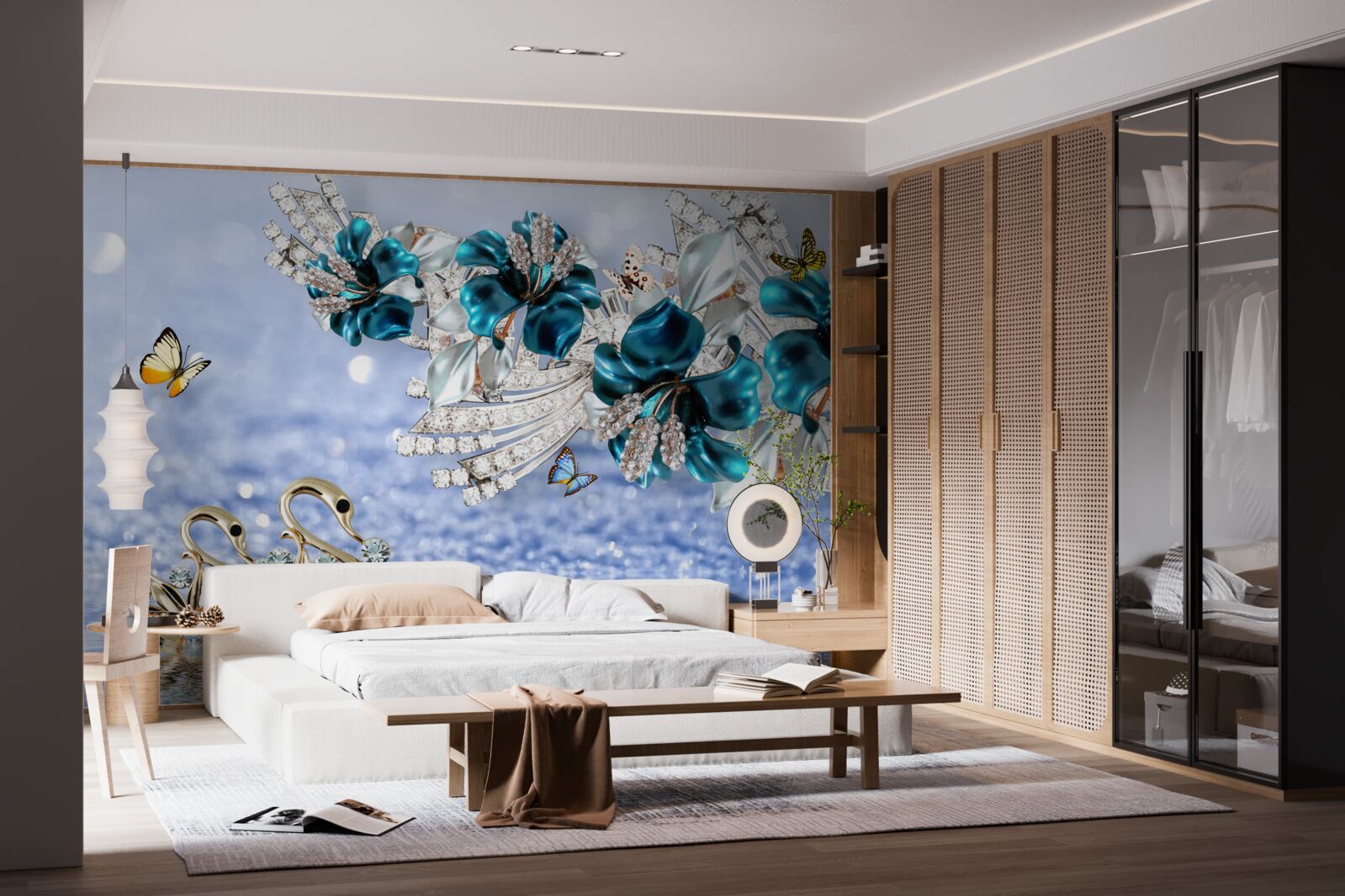 Papier peint magnolias avec fleurs bleues cristallines et papillons