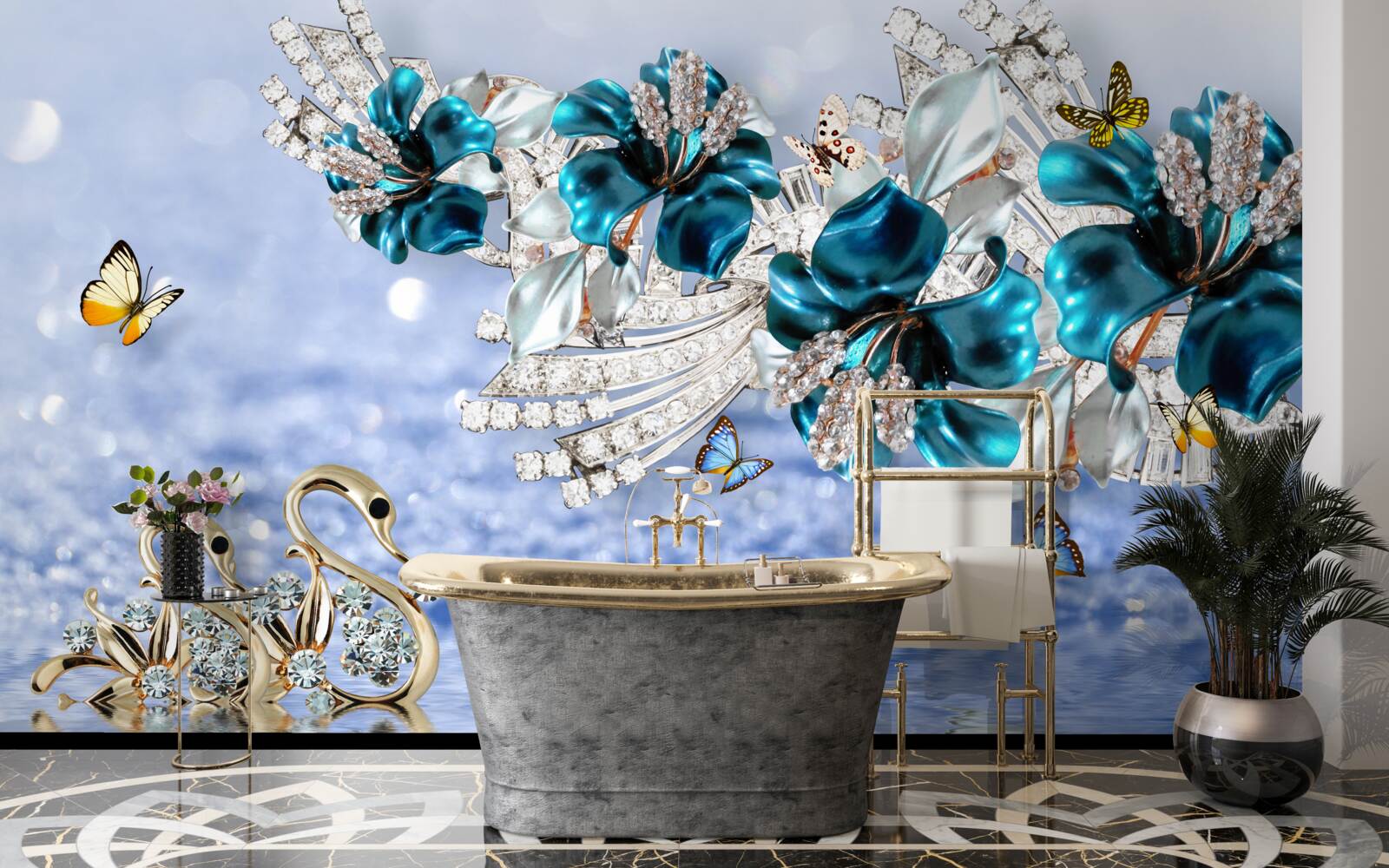 Papier peint magnolias avec fleurs bleues cristallines et papillons