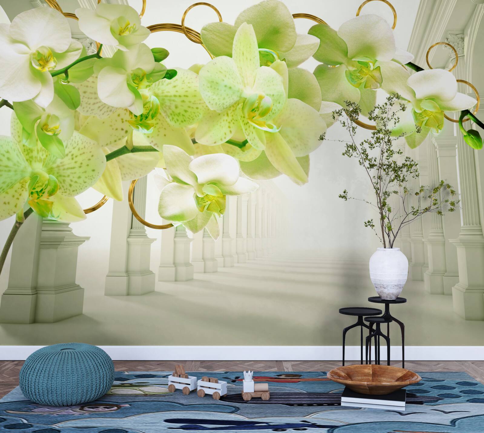 Papier peint orchidée blanche et verte contre des piliers blancs