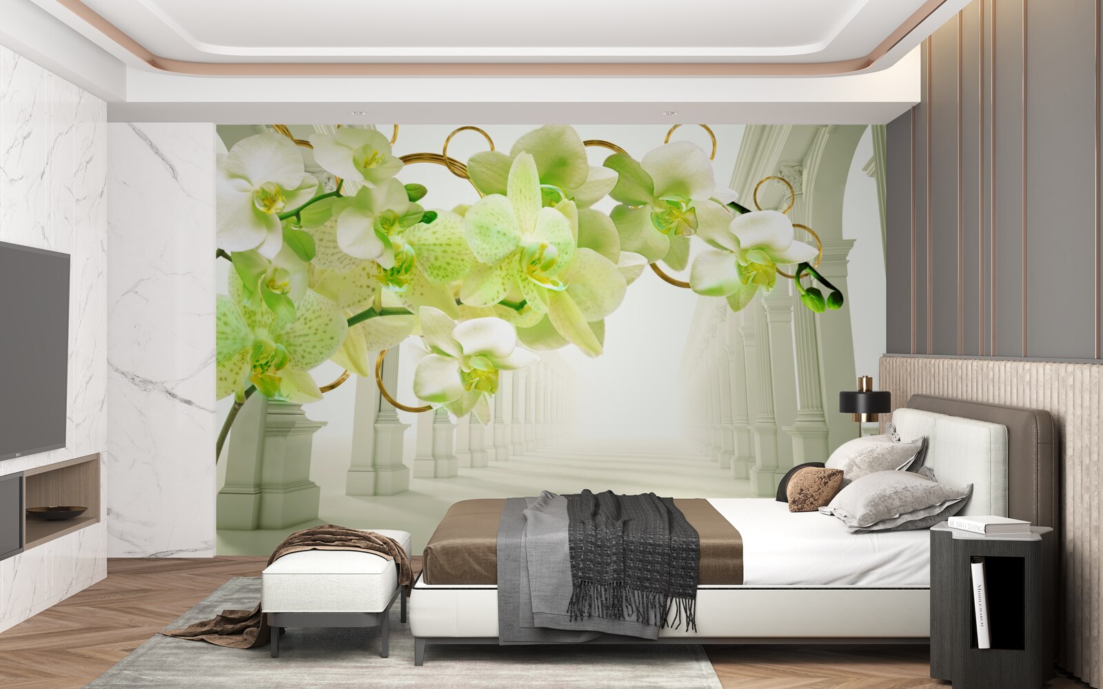 Papier peint orchidée blanche et verte contre des piliers blancs