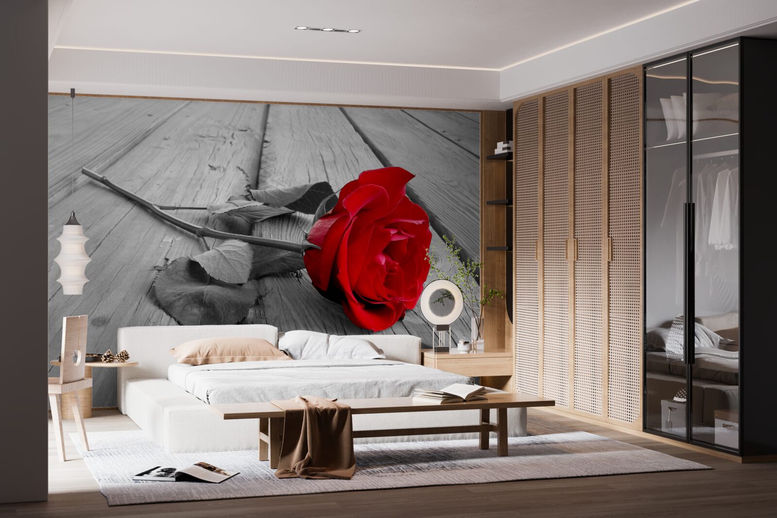 Papier peint une rose rouge s'épanouit sur un fond gris