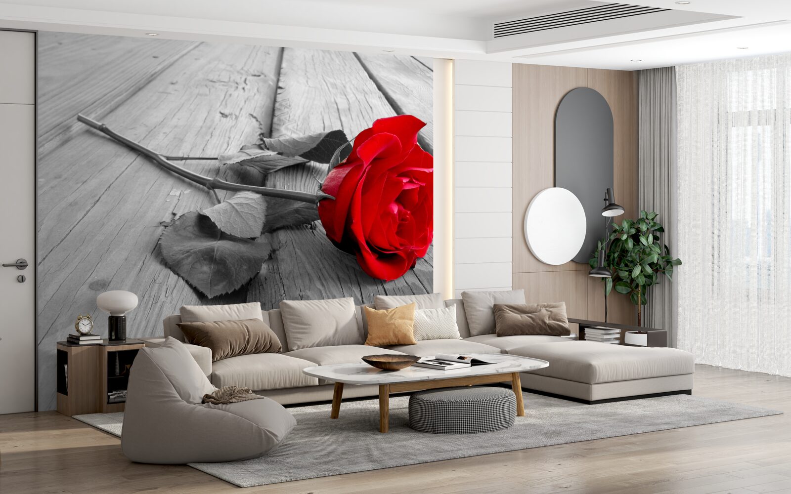 Papier peint une rose rouge s'épanouit sur un fond gris