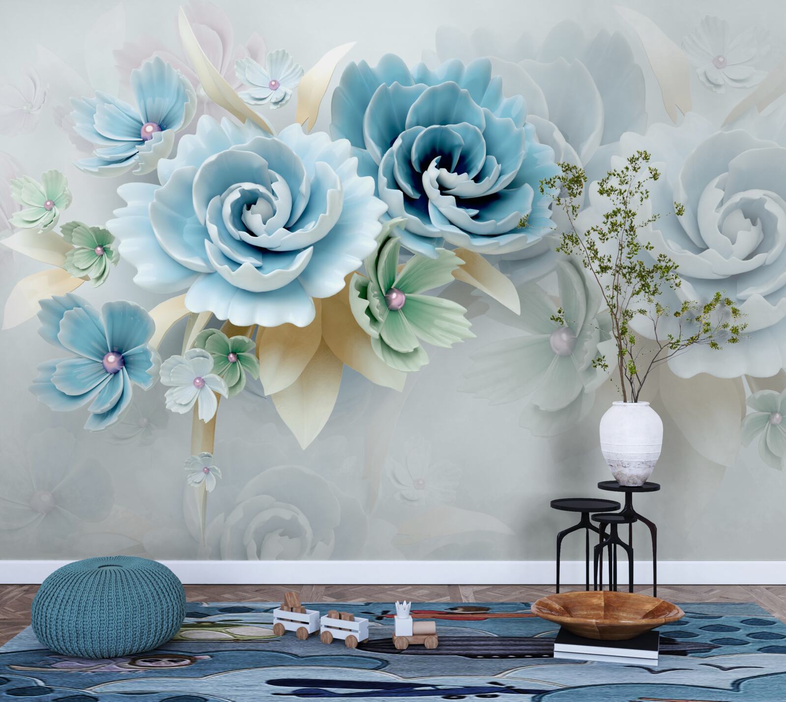 Papier peint de belles roses d'un bleu délicat