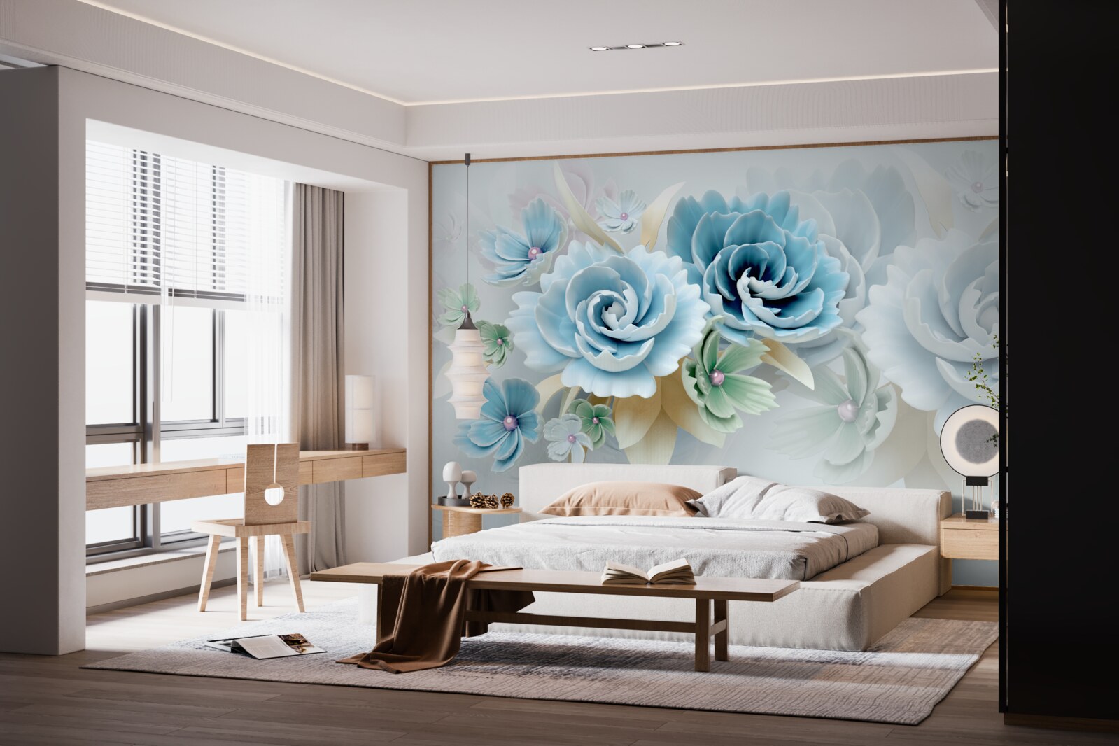 Papier peint de belles roses d'un bleu délicat