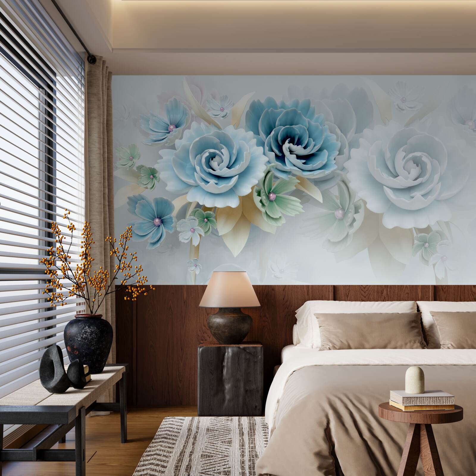 Papier peint de belles roses d'un bleu délicat