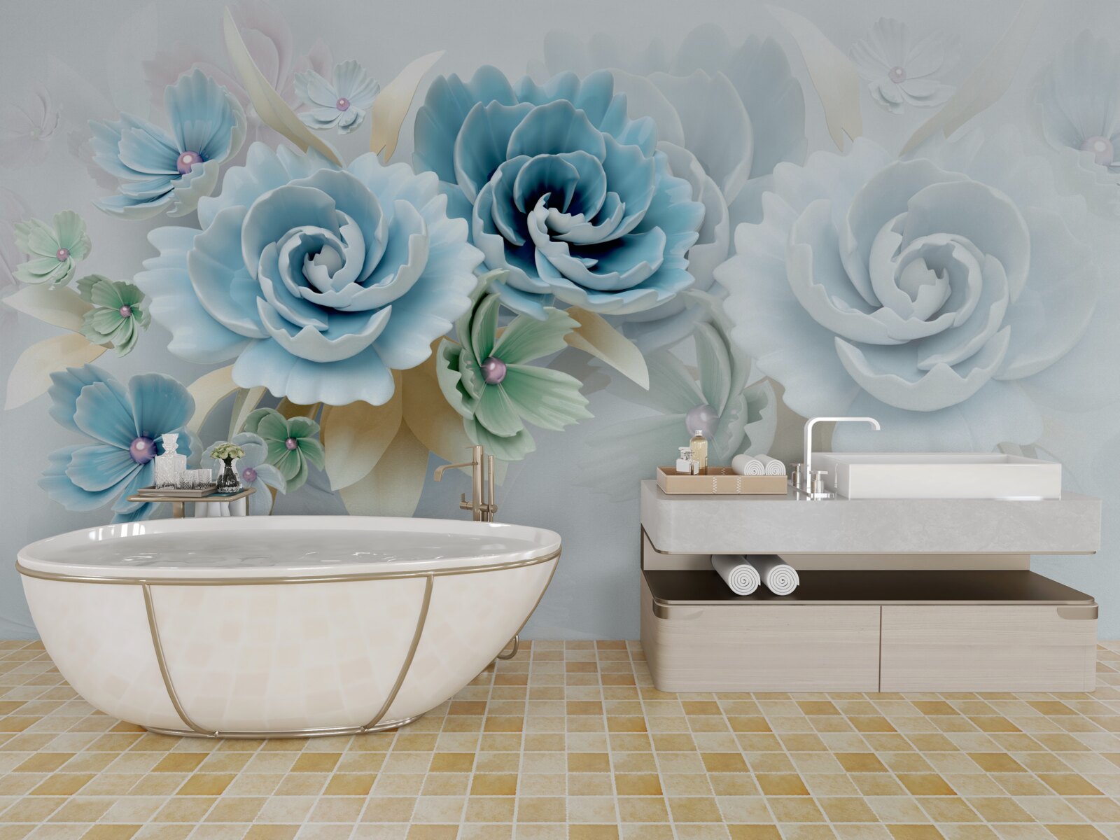 Papier peint de belles roses d'un bleu délicat