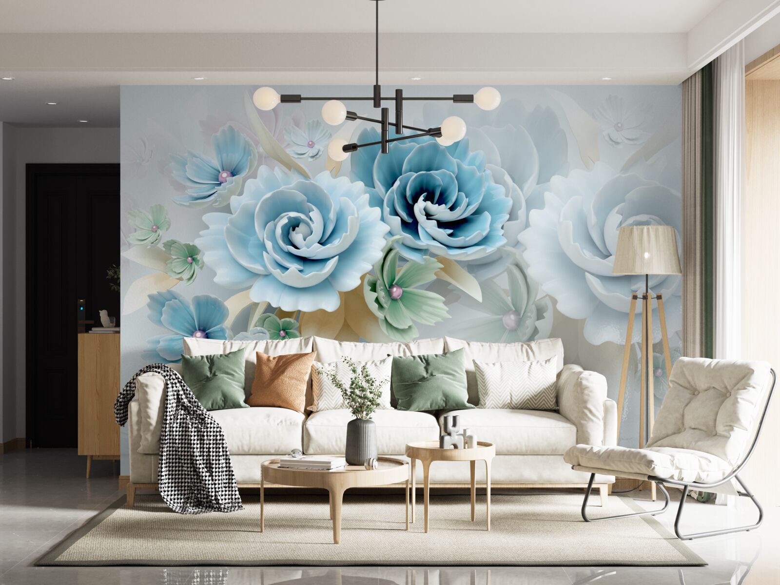 Papier peint de belles roses d'un bleu délicat