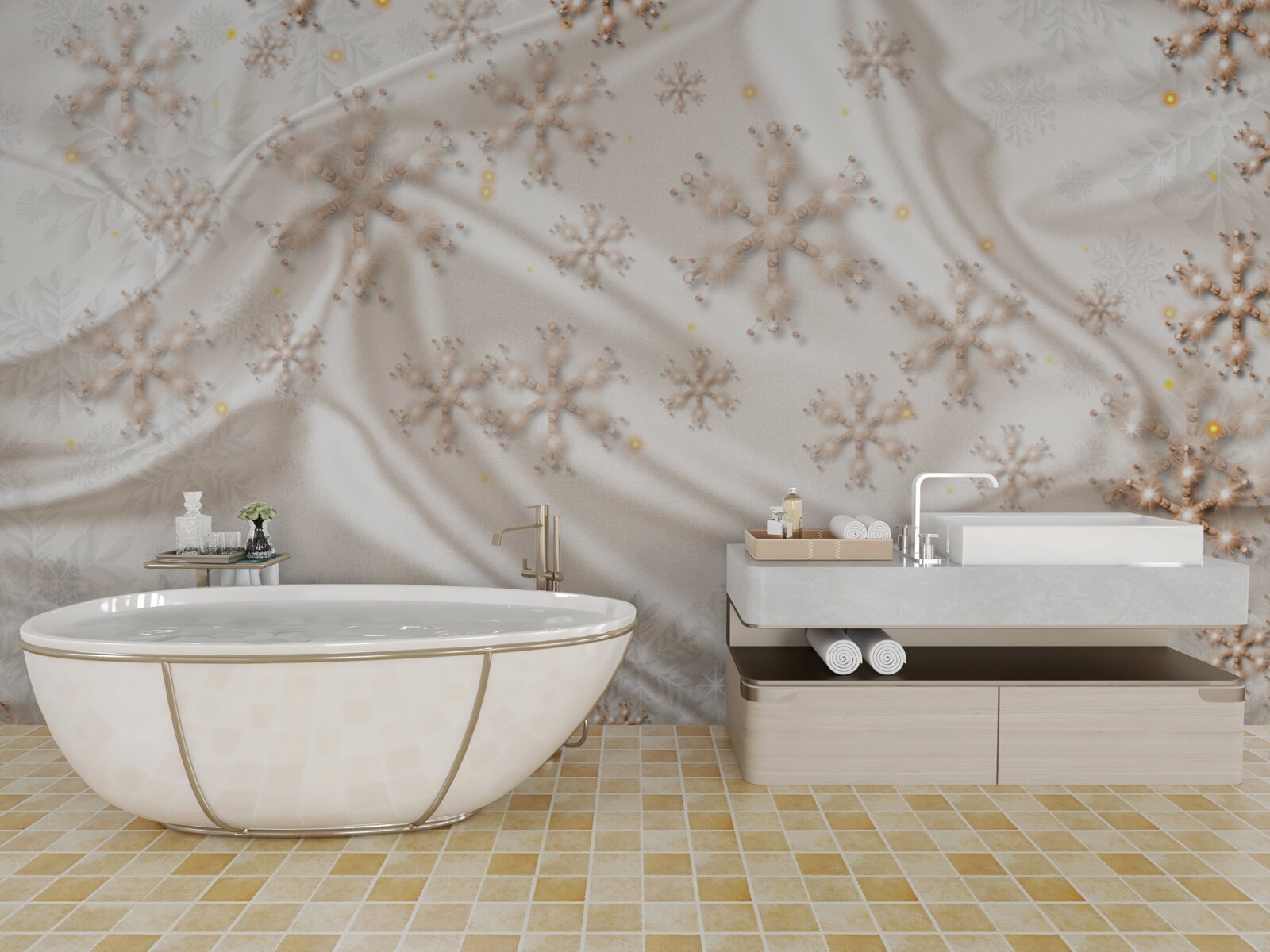 Papier peint délicieux flocons de neige sur soie lumineuse