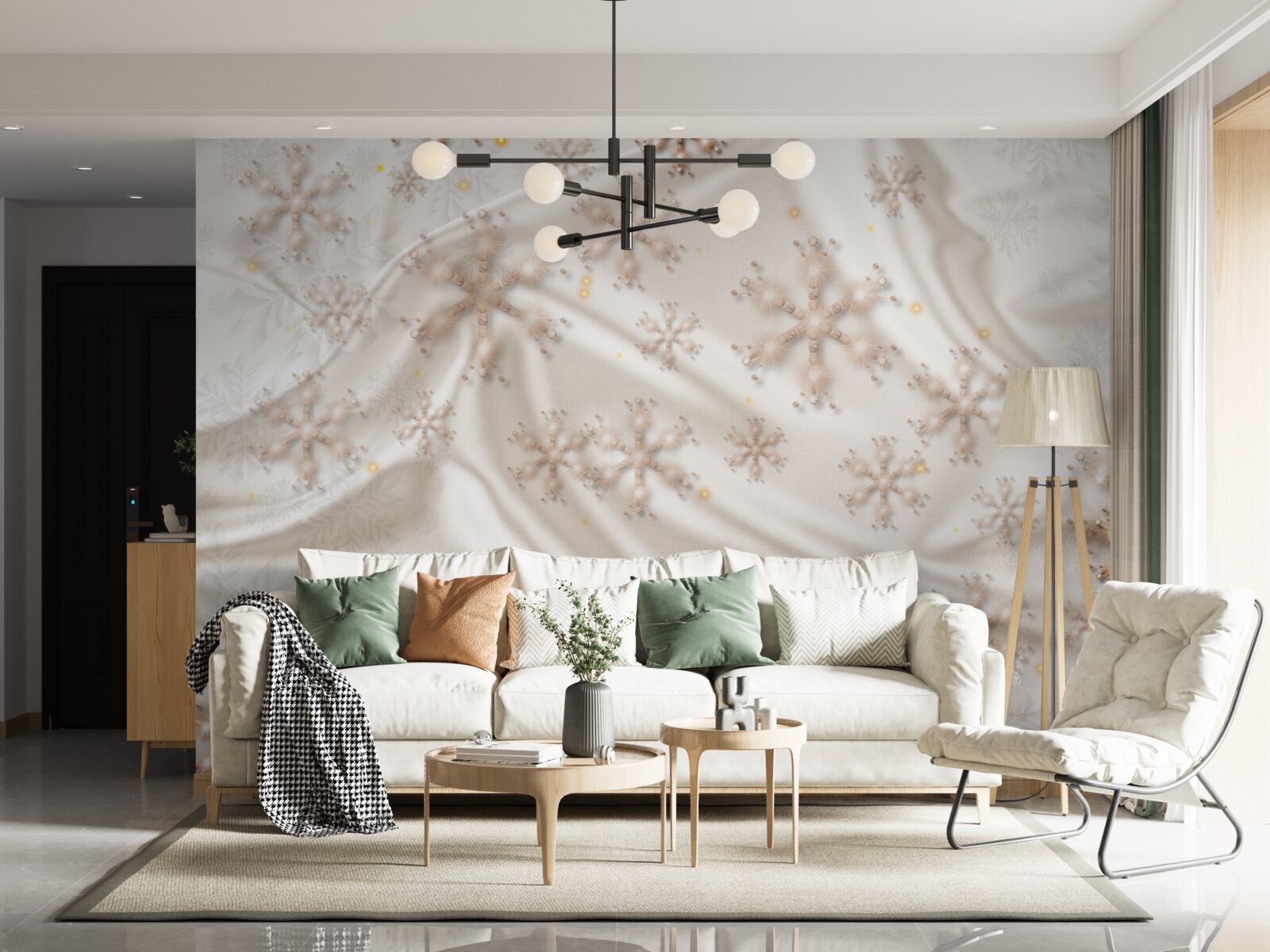 Papier peint délicieux flocons de neige sur soie lumineuse