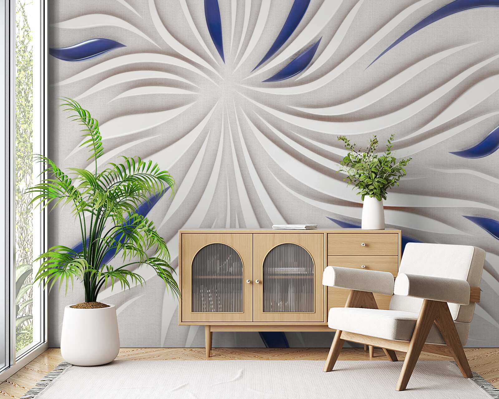 Papier peint lignes abstraites bleues et blanches