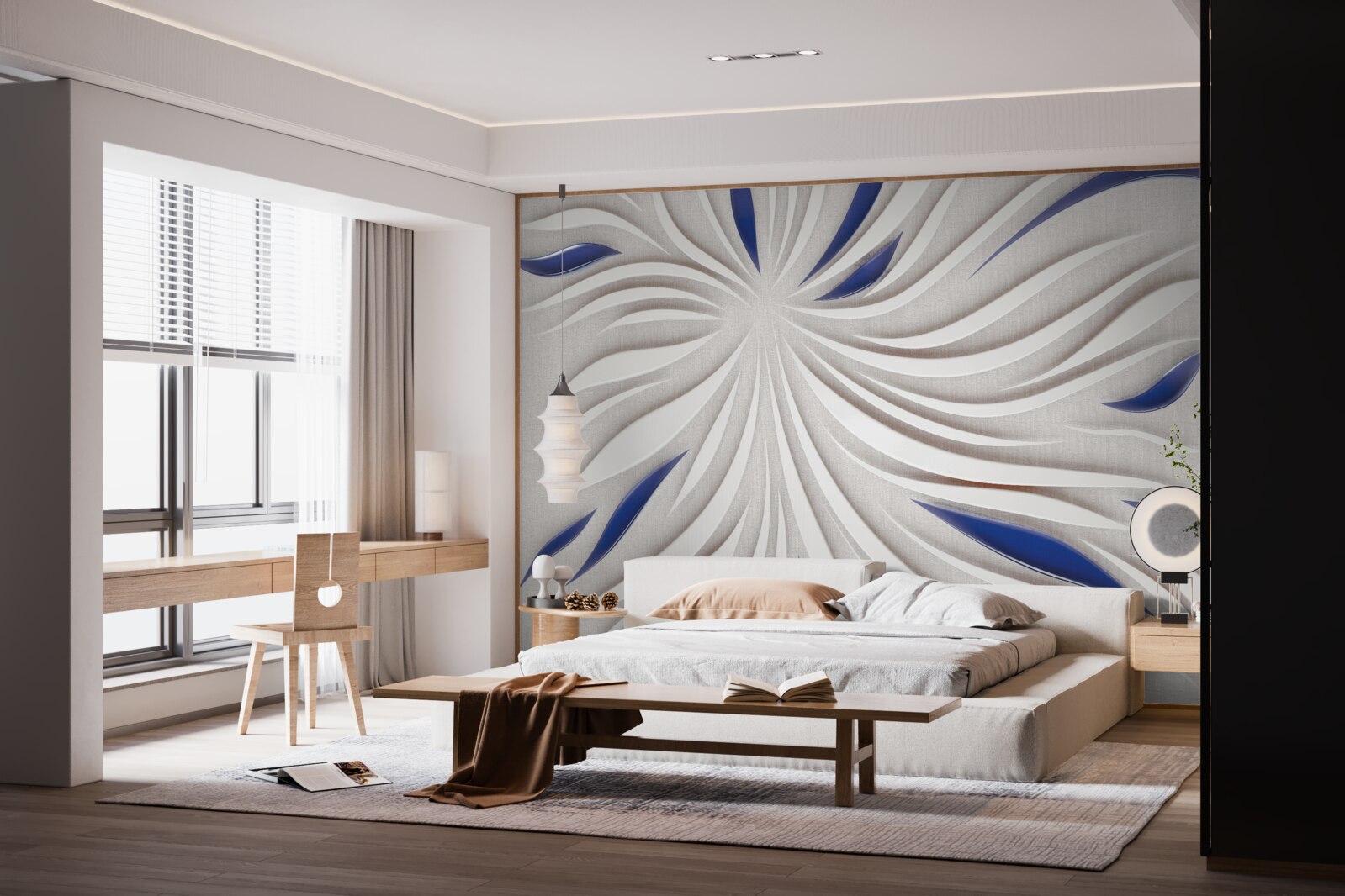 Papier peint lignes abstraites bleues et blanches