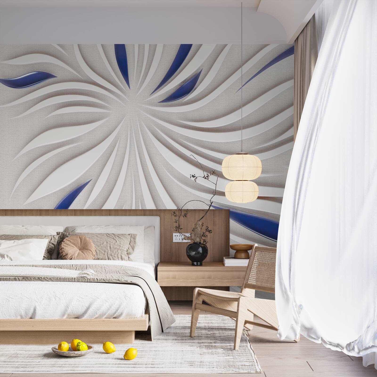 Papier peint lignes abstraites bleues et blanches