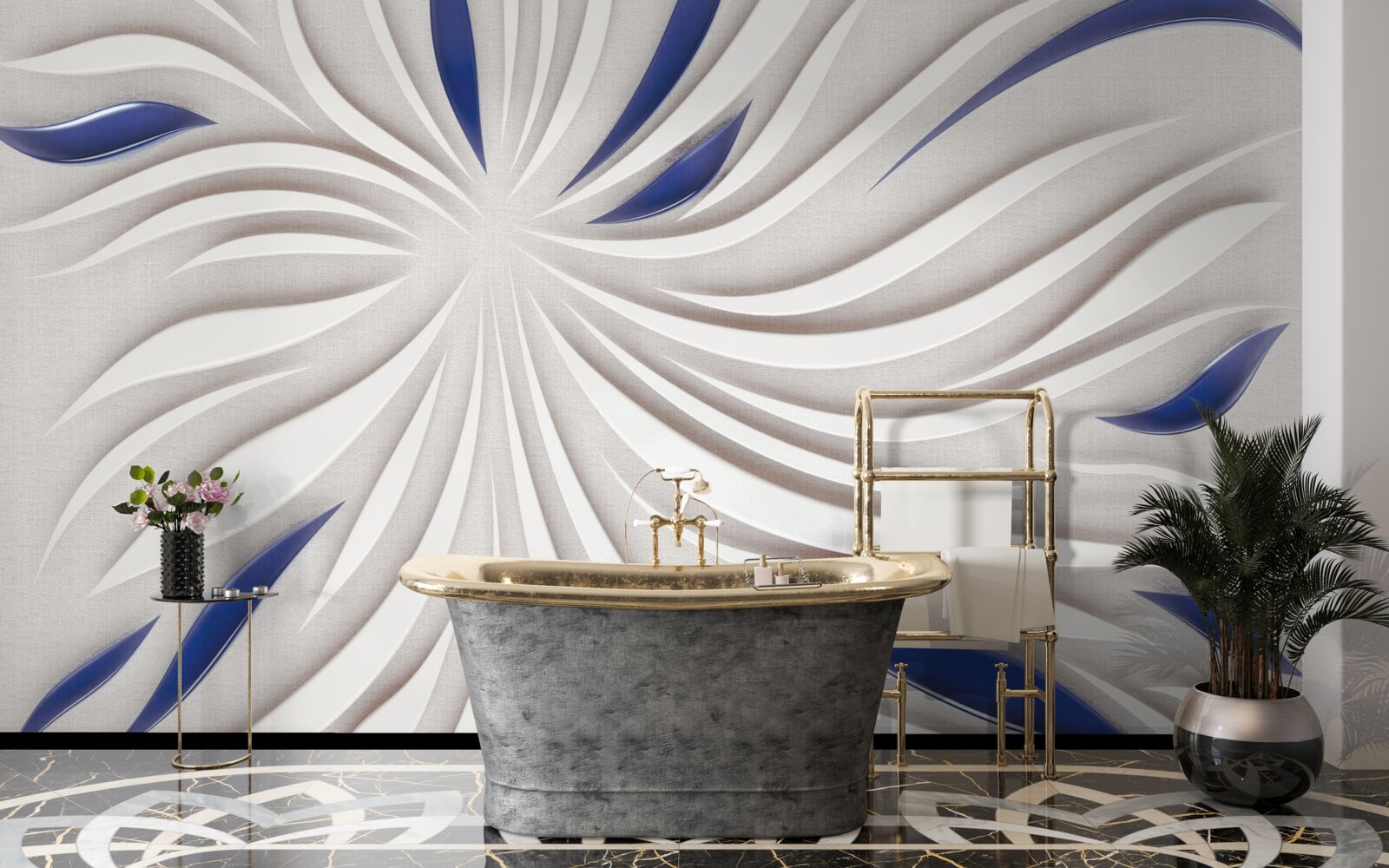 Papier peint lignes abstraites bleues et blanches