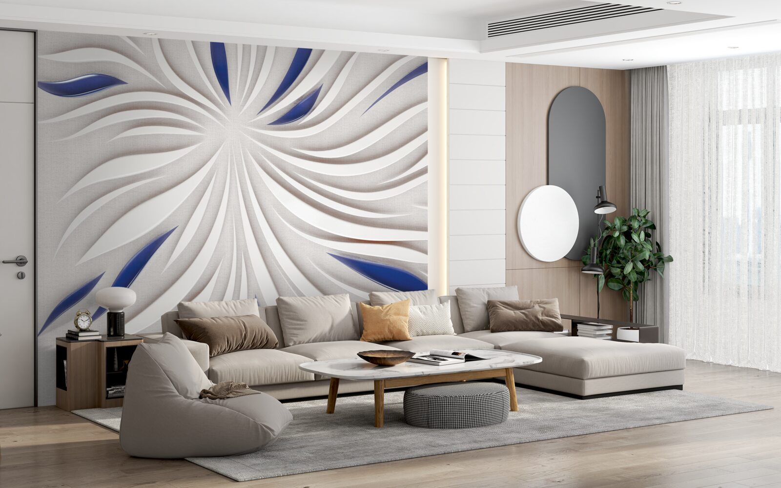 Papier peint lignes abstraites bleues et blanches