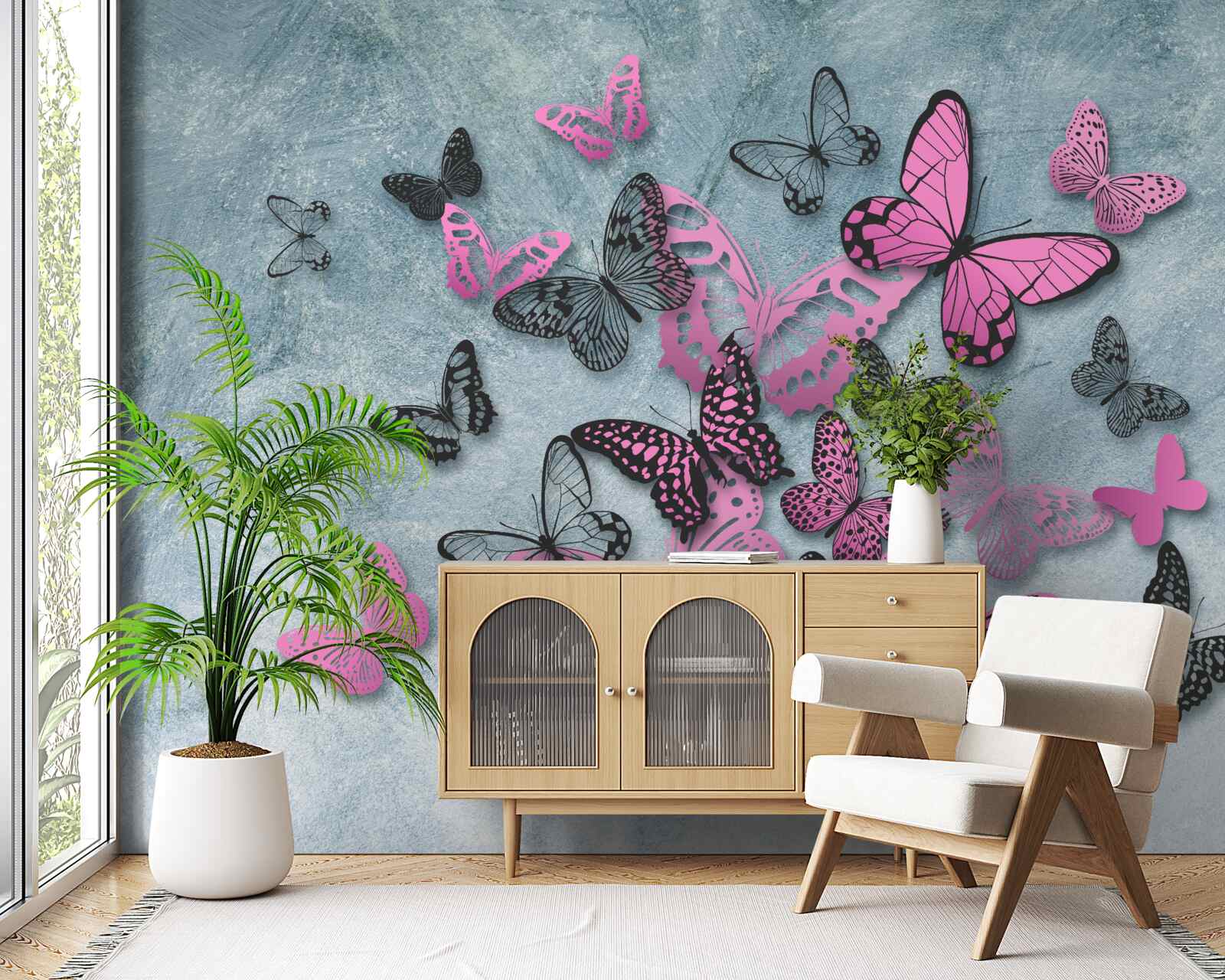 Papier peint groupe de papillons roses