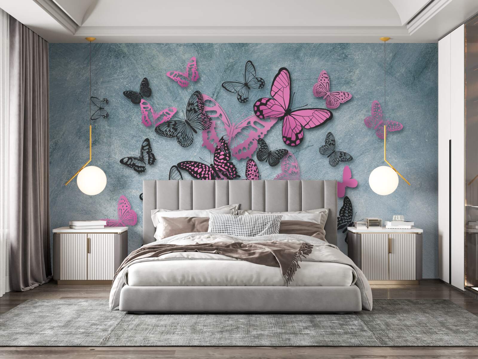 Papier peint groupe de papillons roses