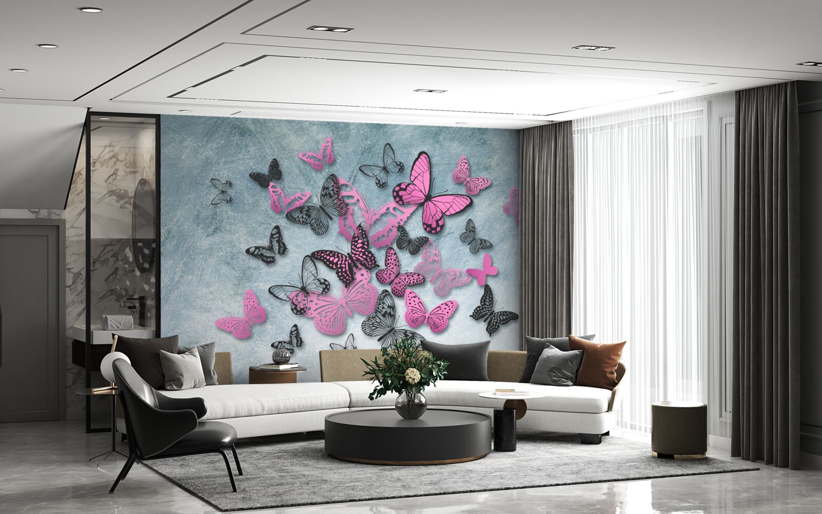 Papier peint groupe de papillons roses