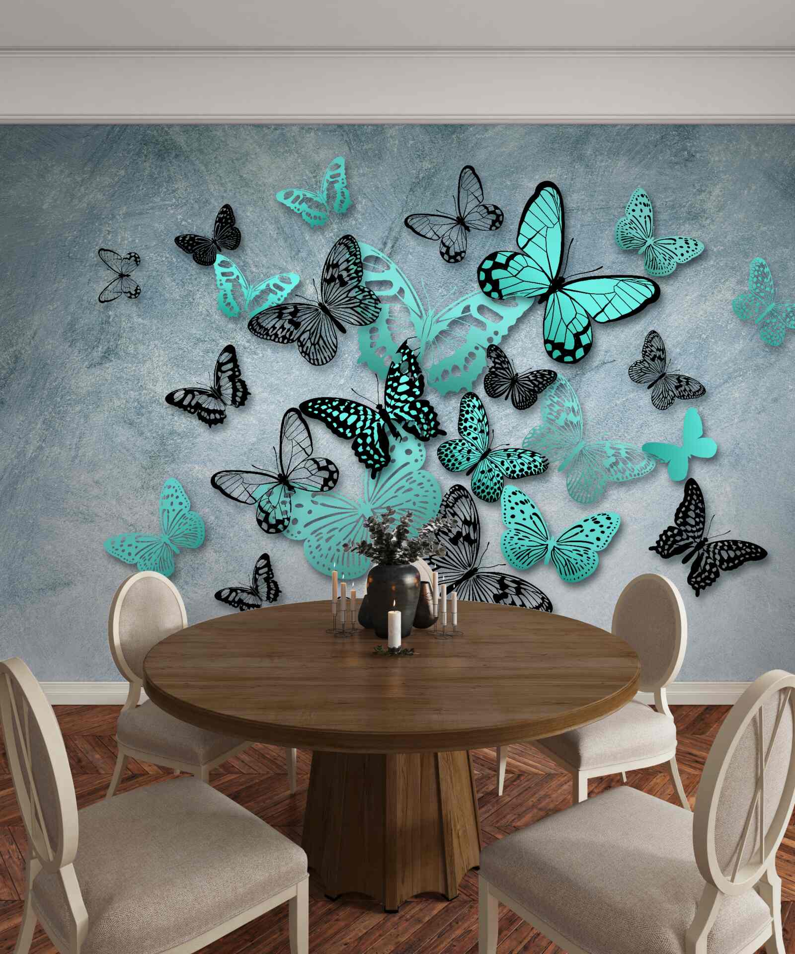 Papier peint papillons bleus sur fond gris