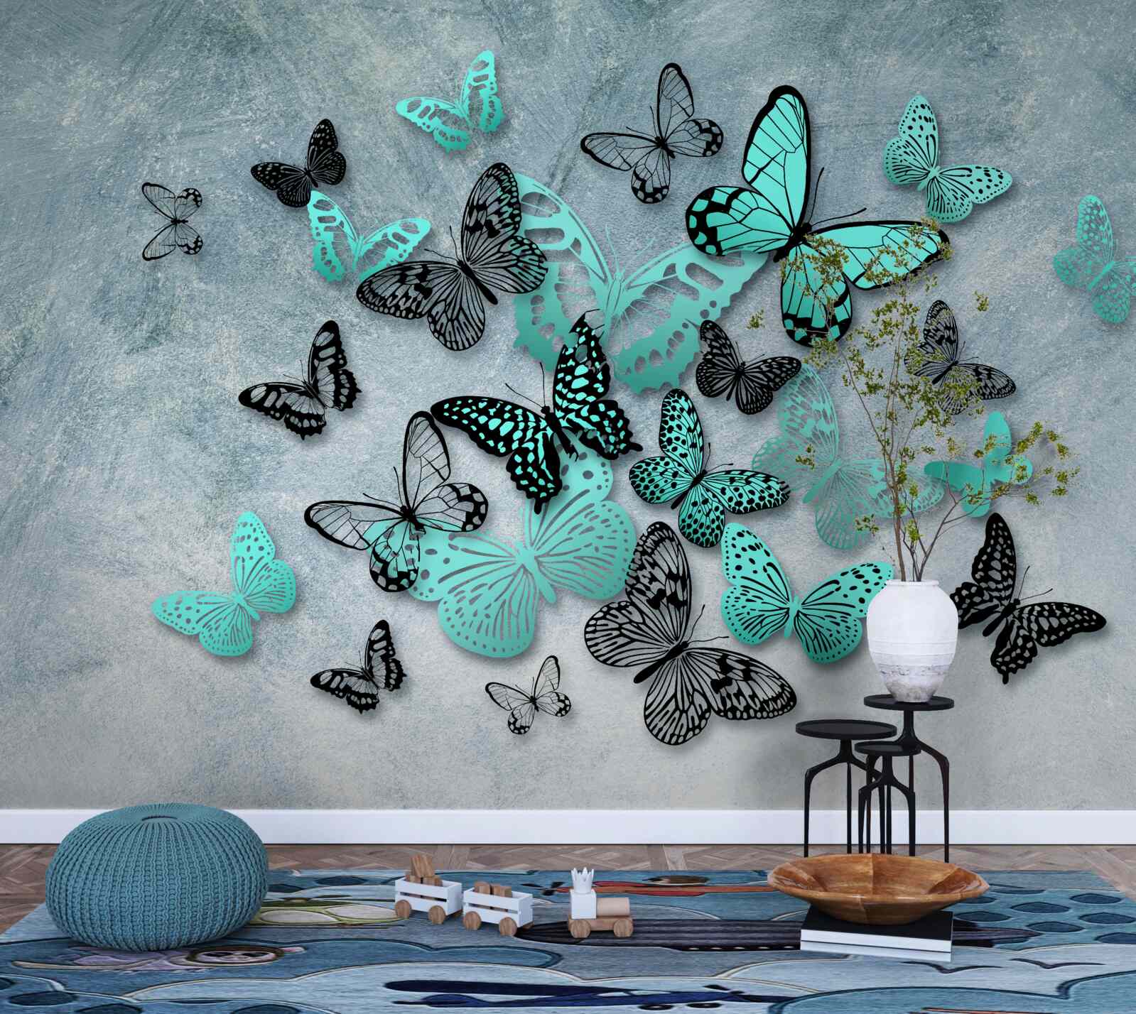 Papier peint papillons bleus sur fond gris