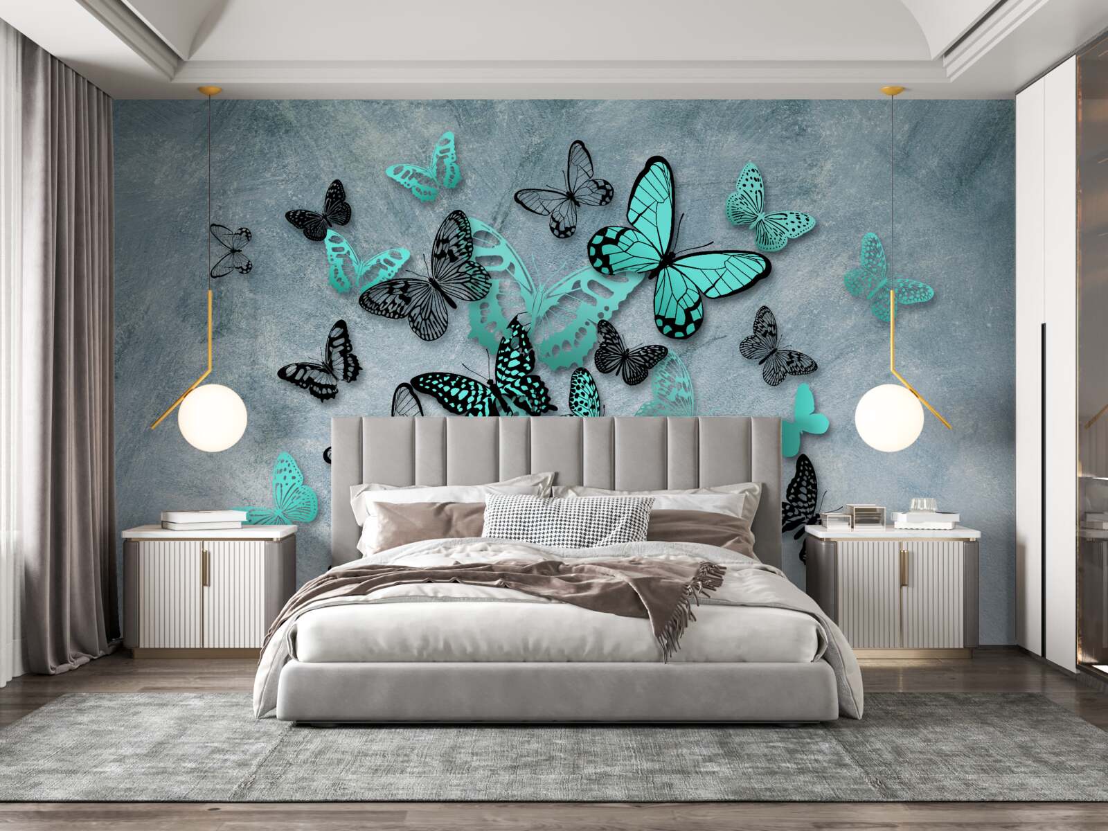 Papier peint papillons bleus sur fond gris