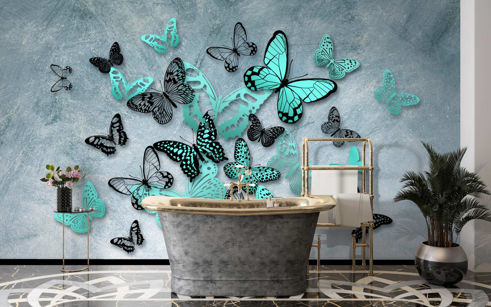 Papier peint papillons bleus sur fond gris