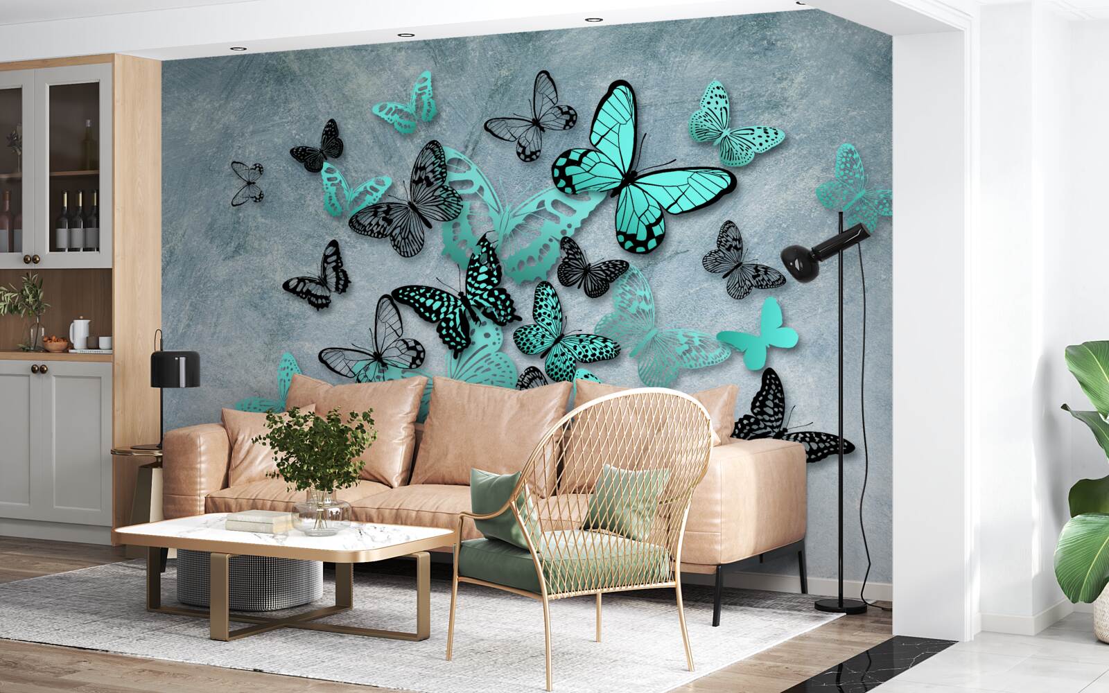 Papier peint papillons bleus sur fond gris